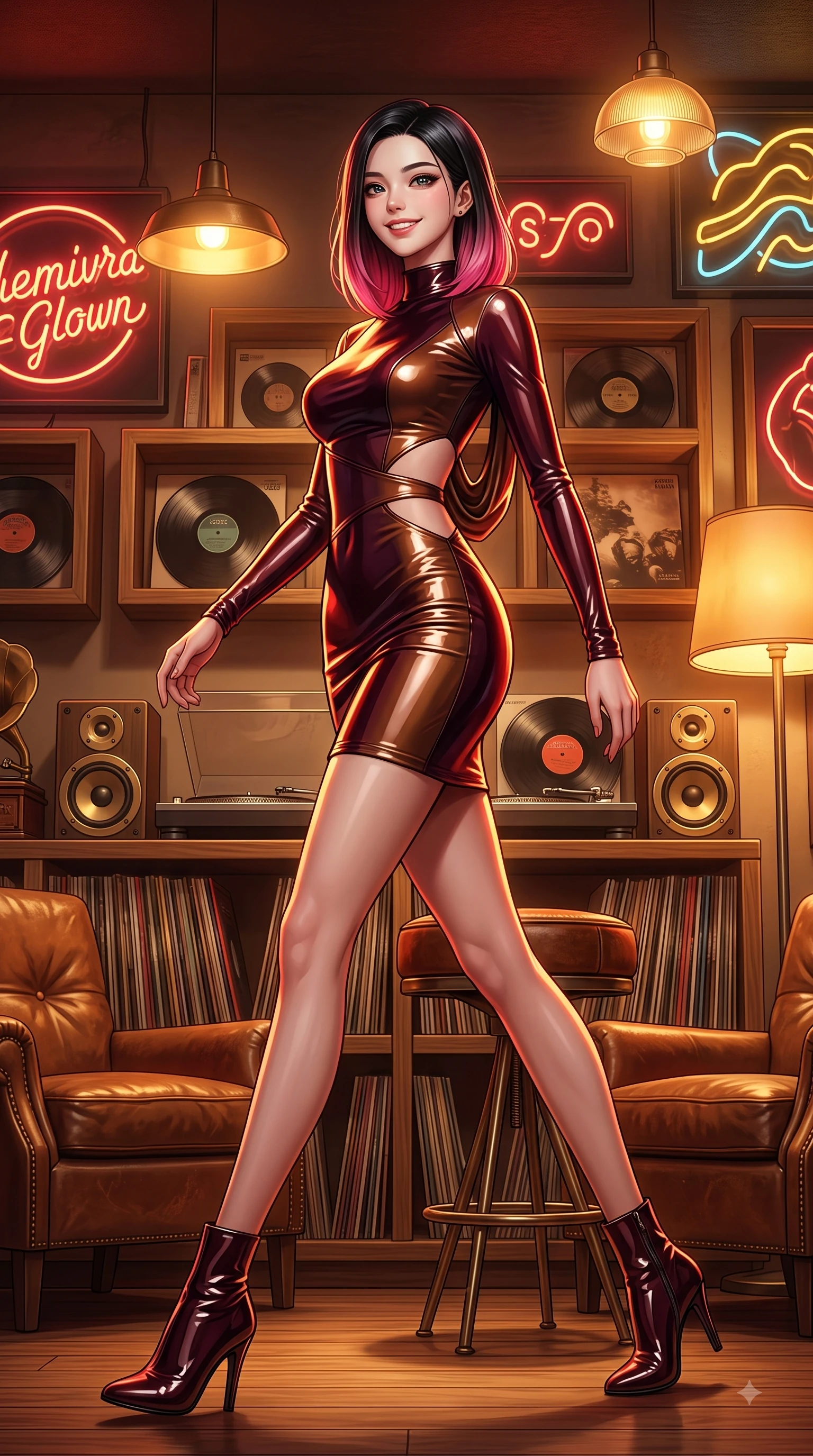 score_9, masterpiece, best quality, ultra-detailed, high-budget anime keyframe, editorial fashion photography, tasteful artistic composition, Korean woman. low angle full-body shot from head to toe showing her feet, filling the entire 9:16 vertical frame with her statuesque presence, stretching her vertical silhouette. stepping forward in a proud dynamic stride with a cheerful beaming smile, her vertical silhouette filling the frame while resting on a leather stool under warm amber record store lamps with a cozy joyful grin, vintage turntables, brass speakers, and leather armchairs creating retro charm. She has an absolutely perfect, statuesque 8.5-heads proportion, an exceptionally tall and slender model-like female figure with impossibly long slender legs and an ultra-slim waist. sharp v-shaped jawline, high-bridge nose, intricate jewel-like eyes with depth, thick eyelashes, glossy lips with a natural sheen, flawlessly proportioned anatomical accuracy, natural body alignment, perfectly sculpted elegant limbs, clean dynamic posture without body distortion. wearing a precision-fitted liquid jersey bodycon dress with a graceful draped back in deep burgundy and bronze, tailored from high-gloss patent leather, featuring subtle geometric cutouts that highlight her ultra-slim midriff, the glove-like fit emphasizing her statuesque silhouette during motion. bathed in warm golden amber lamp glow and retro neon rim light. highly saturated vibrant anime colors, detailed shading with soft gradients, rich glossy textures, high-contrast stereoscopic depth, volumetric dynamic lighting, master piece, 9:16 ratio