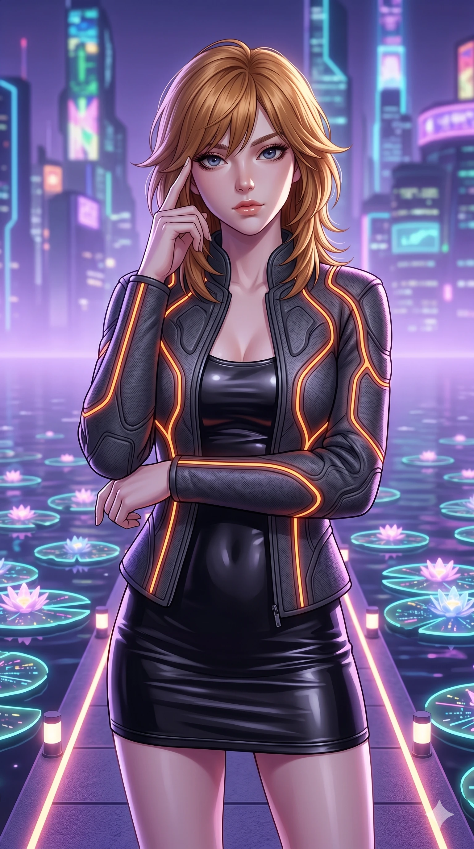 score_9, masterpiece, best quality, ultra-detailed, high-budget anime keyframe, editorial fashion photography, tasteful artistic composition, Korean woman. cowboy shot from the thighs up, character and outfit filling the frame for maximum editorial presence. Pressing two fingers to her temple in a composed, thoughtful gesture, her head tilted slightly on a neon-lit pier overlooking a futuristic digital lake with glowing lilypads. She has an absolutely perfect 8-heads proportion, an exceptionally tall and slender female figure with impossibly long slender legs and an ultra-slim waist. V-shaped jawline, high-bridge nose, intricate jewel-like eyes with depth, thick eyelashes, glossy lips with a natural sheen. wearing a sculpted charcoal neoprene jacket with orange neon piping, worn over a black latex-look mini dress. illuminated by a soft lavender ambient glow paired with a sharp white side key light on her face. 2k, ultra detail, master piece, 9:16 ratio