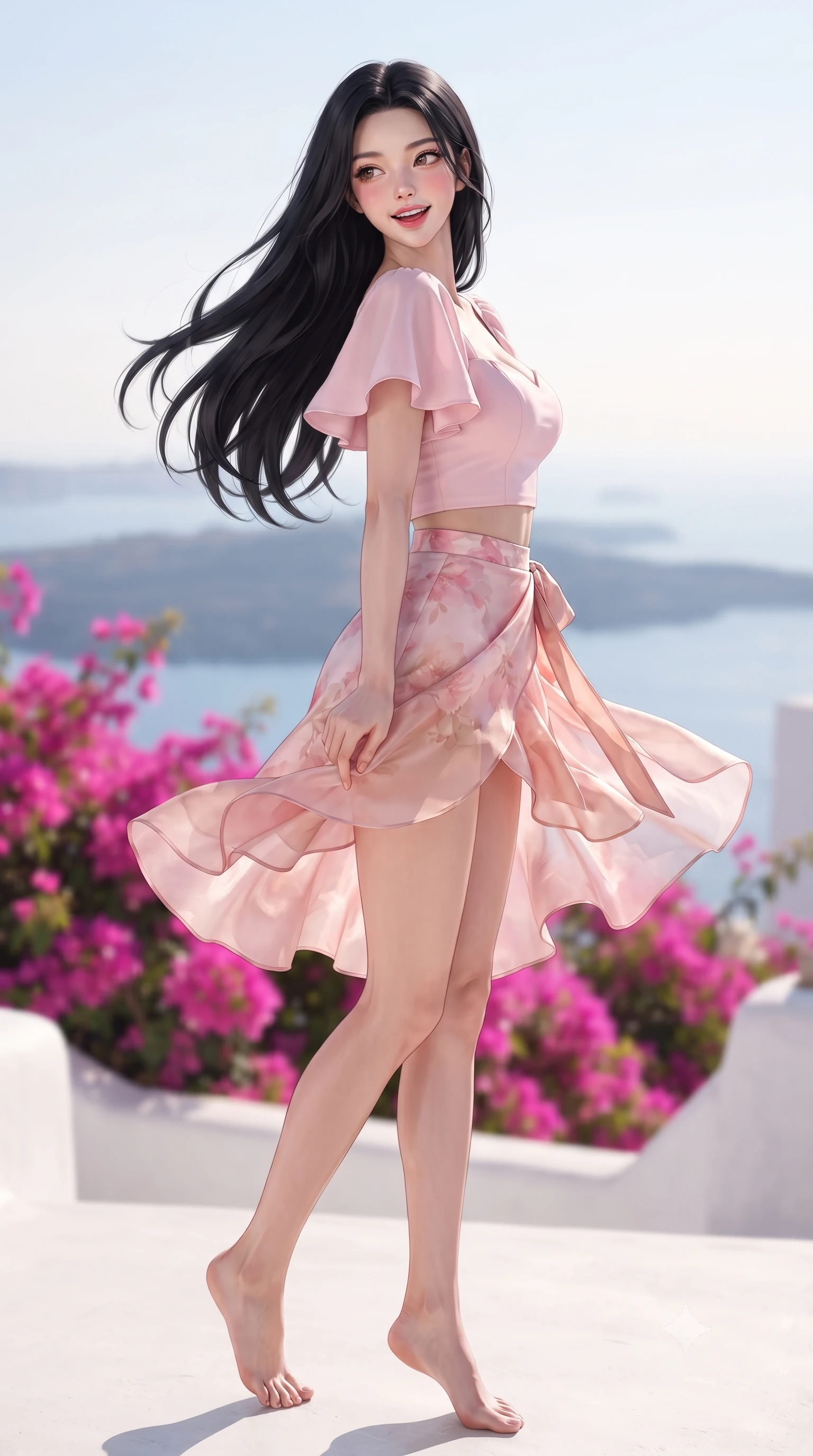 score_9, masterpiece, best quality, ultra-detailed, high-budget anime keyframe, editorial fashion photography, tasteful artistic composition, Korean woman. low angle full-body shot from head to toe showing her feet, filling the entire 9:16 vertical frame with her statuesque presence, stretching her vertical silhouette. executing a cheerful mid-motion pivot turn as her skirt flutters around her slender legs, glancing over her shoulder with an intoxicating, teasing cute expression while turning in an alluring dancer S-curve as the Aegean breeze flutters her dress, gazing toward the sparkling caldera with parted glossy lips. The composition keeps background elements in soft focus with dreamy creamy bokeh. magenta bougainvillea flower clusters and distant caldera islands softened in glamorous Mediterranean shallow focus. She has an exceptionally tall and slender model-like 8.5-heads proportion, an ultra-slim waist, a flat toned midriff, narrow delicate ribcage, and beautifully sculpted feminine hips creating a graceful, slim hourglass silhouette without any bulky heaviness, with impossibly long slender legs. sharp v-shaped jawline, high-bridge nose, intricate jewel-like sparkling eyes with depth, thick eyelashes, glossy parted lips with a natural peach sheen, bright cheerful beaming smile with an enchanting and coquettish sensual glint, exuding both youthful cute charm and seductive allure, flawlessly proportioned anatomical accuracy, strict slender model proportions, natural body alignment, perfectly sculpted long slender limbs, ultra-slim waistline, clean dynamic posture without body distortion. wearing a sweetheart-neckline baby-pink crop top with a high-slit wrap mini skirt accentuating her waist-to-hip curve in cherry blossom pink and soft rose gold, woven from layered gossamer organza with weightless flutter, featuring elegant flutter sleeves and a graceful square neckline, the high-waisted tailoring accentuating her ultra-slim waistline and the enchanting curve of her feminine hips with alluring charm. bathed in rich Mediterranean afternoon sunlight and intense whitewashed plaster bounce fill. ultra-reflective glossy finish, specular highlights, rich textural contrasts, high-contrast stereoscopic depth, volumetric dynamic lighting, 2k, ultra detail, master piece, 9:16 ratio
