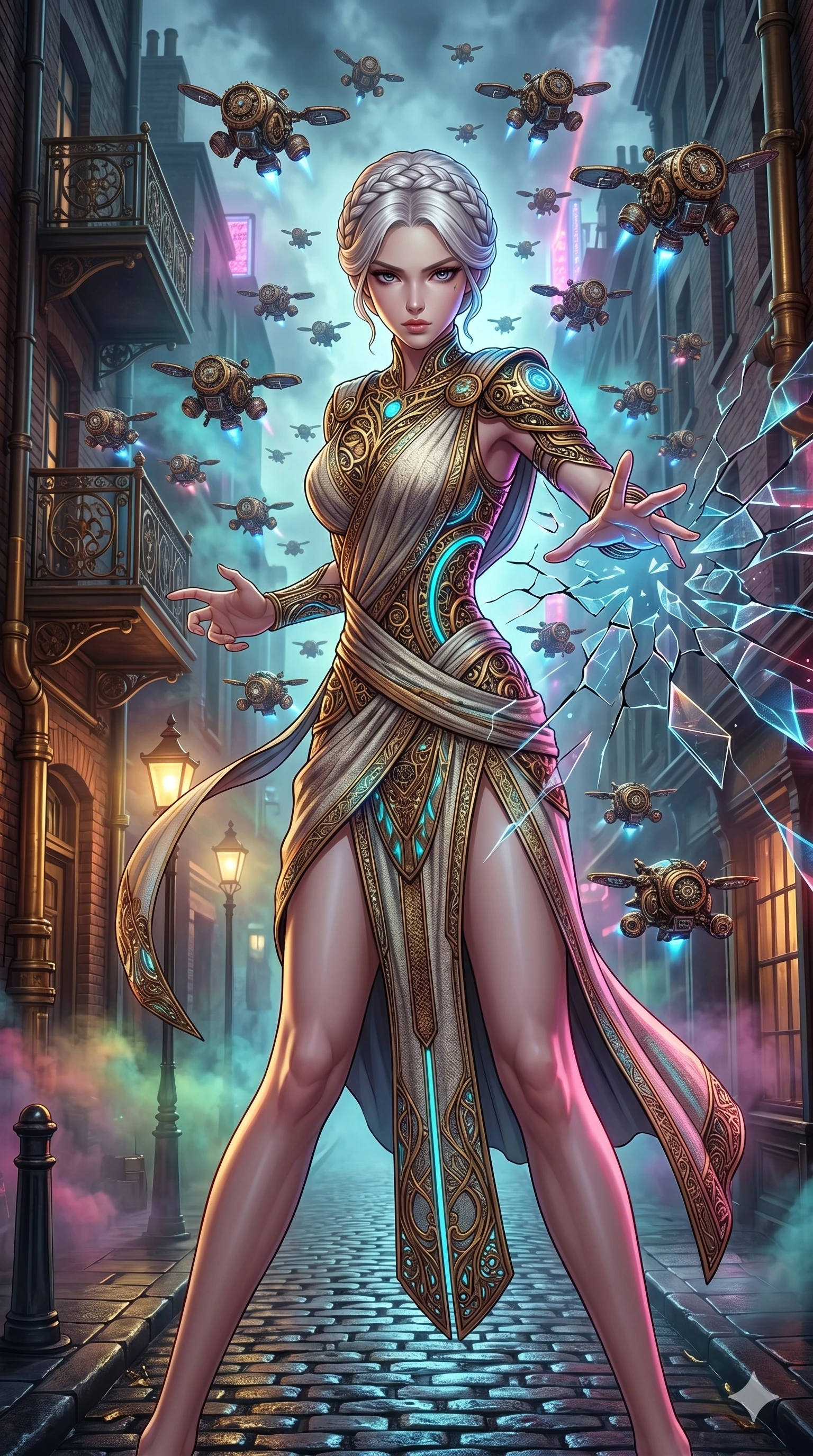 score_9, masterpiece, best quality, ultra-detailed, Set A: High-budget Anime Keyframe, Korean woman. Upper body close-up from the thighs up, character filling the screen for maximum presence. Theme: Urban Decay. shattering the fabric of reality in a steampunk London alleyway, surrounded by 69 hovering guardian drones. The atmosphere is filled with heavy smog with neon flares. She has an absolutely perfect 8-heads proportion, an exceptionally tall and slender female figure with impossibly long slender legs and an ultra-slim waist. Sharp v-shaped jawline, high-bridge nose, intricate jewel-like eyes with depth, glossy lips. Wearing Ancient Roman-style tech-toga with glowing gold filigree and a high side slit. Cinematic lighting, vivid colors, dramatic shadows, 2k, ultra detail, master piece, 9:16 ratio