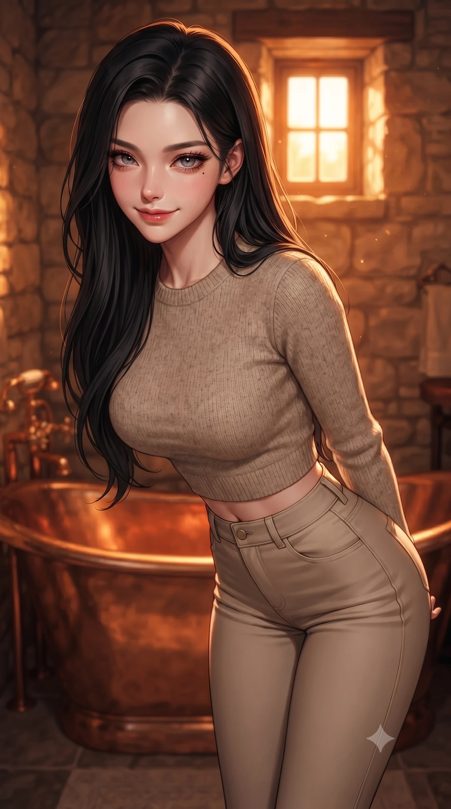 score_9, masterpiece, best quality, ultra-detailed, high-budget anime keyframe, editorial fashion photography, tasteful artistic composition, Korean woman woman. close-up cowboy shot from the waist and thighs up, the character dominates the composition, filling the frame with her large presence, background elements kept in soft focus. leaning slightly forward with a playful, teasing smile, her gaze locked onto the viewer the background shows a soft-focus a private washroom with a vintage copper bathtub and stone walls. She has an exceptionally elegant, slender, and willowy female figure with an ultra-slim waist, a gracefully sculpted slender torso, and a refined silhouette. sharp v-shaped jawline, high-bridge nose, intricate jewel-like eyes with depth, thick eyelashes, glossy lips with a natural sheen. wearing a body-hugging tight-fitting crop sweater in oatmeal wool, paired with high-waisted form-fitting pants. warm sunset light filtering through a small high window, painting the stone in orange. ultra-reflective glossy finish, specular highlights, metallic sheen, high-contrast stereoscopic depth, volumetric dynamic lighting, 2k, ultra detail, master piece, 9:16 ratio