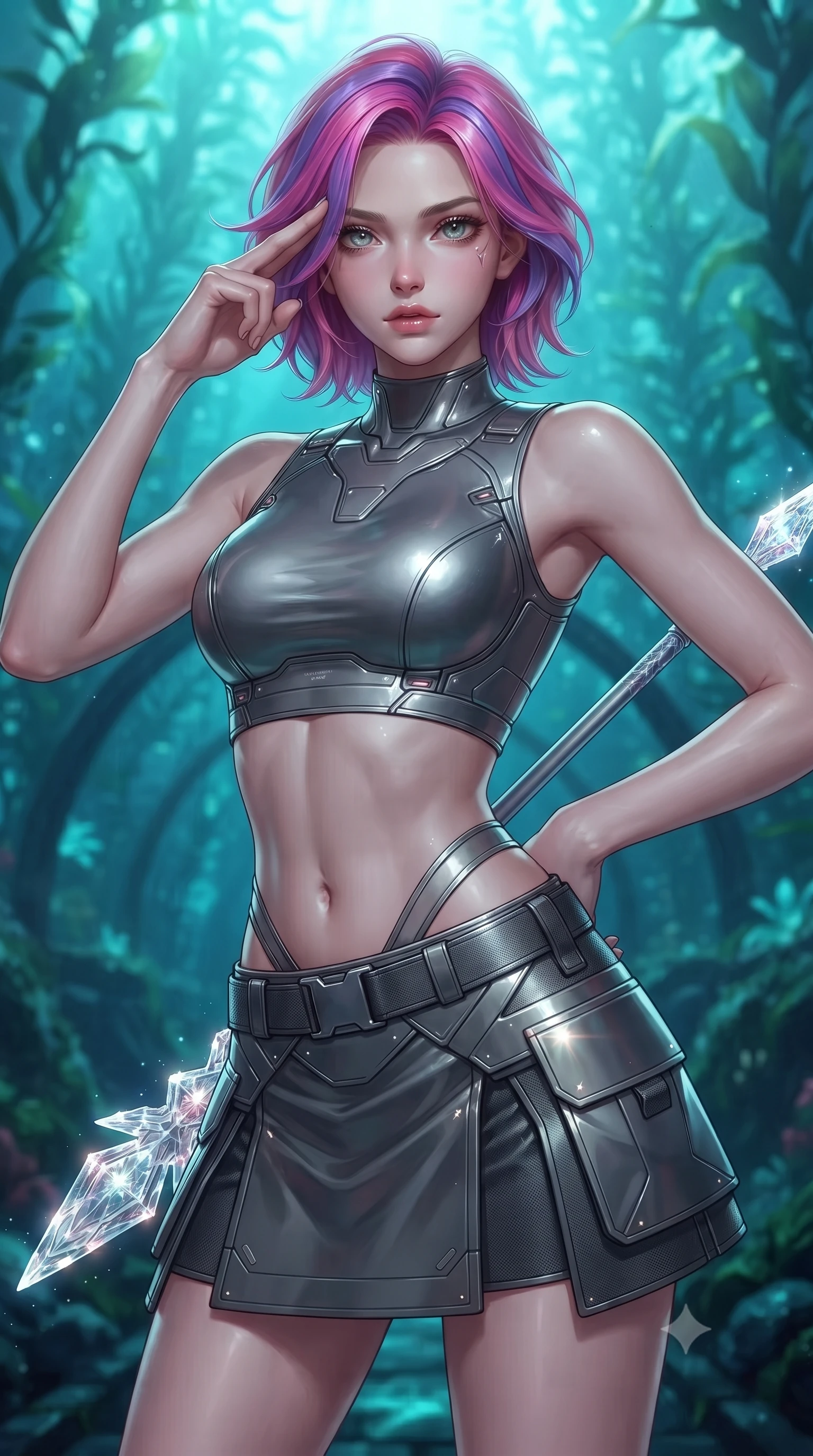 score_9, masterpiece, best quality, ultra-detailed, high-budget anime keyframe, editorial fashion photography, tasteful artistic composition, Caucasian woman. close-up cowboy shot from the waist and thighs up, the character dominates the composition, filling the frame with her large presence, background elements kept in soft focus. pressing two fingers to her temple while holding a light-spear diagonally behind her in a composed thoughtful gesture, the background shows a soft-focus a volcanic glass research tunnel running through a forest of glass kelp. She has an exceptionally elegant, slender, and willowy female figure with an ultra-slim waist, a gracefully sculpted slender torso, and a refined silhouette. sharp v-shaped jawline, high-bridge nose, intricate jewel-like eyes with depth, thick eyelashes, glossy lips with a natural sheen. wearing a form-contouring modern carbon-alloy crop top paired with a low-rise tactical skirt and a subtle waist cut-out. ethereal turquoise light diffusing from the ocean floor, wrapping her form. ultra-reflective glossy finish, specular highlights, metallic sheen, high-contrast stereoscopic depth, volumetric dynamic lighting, 2k, ultra detail, master piece, 9:16 ratio