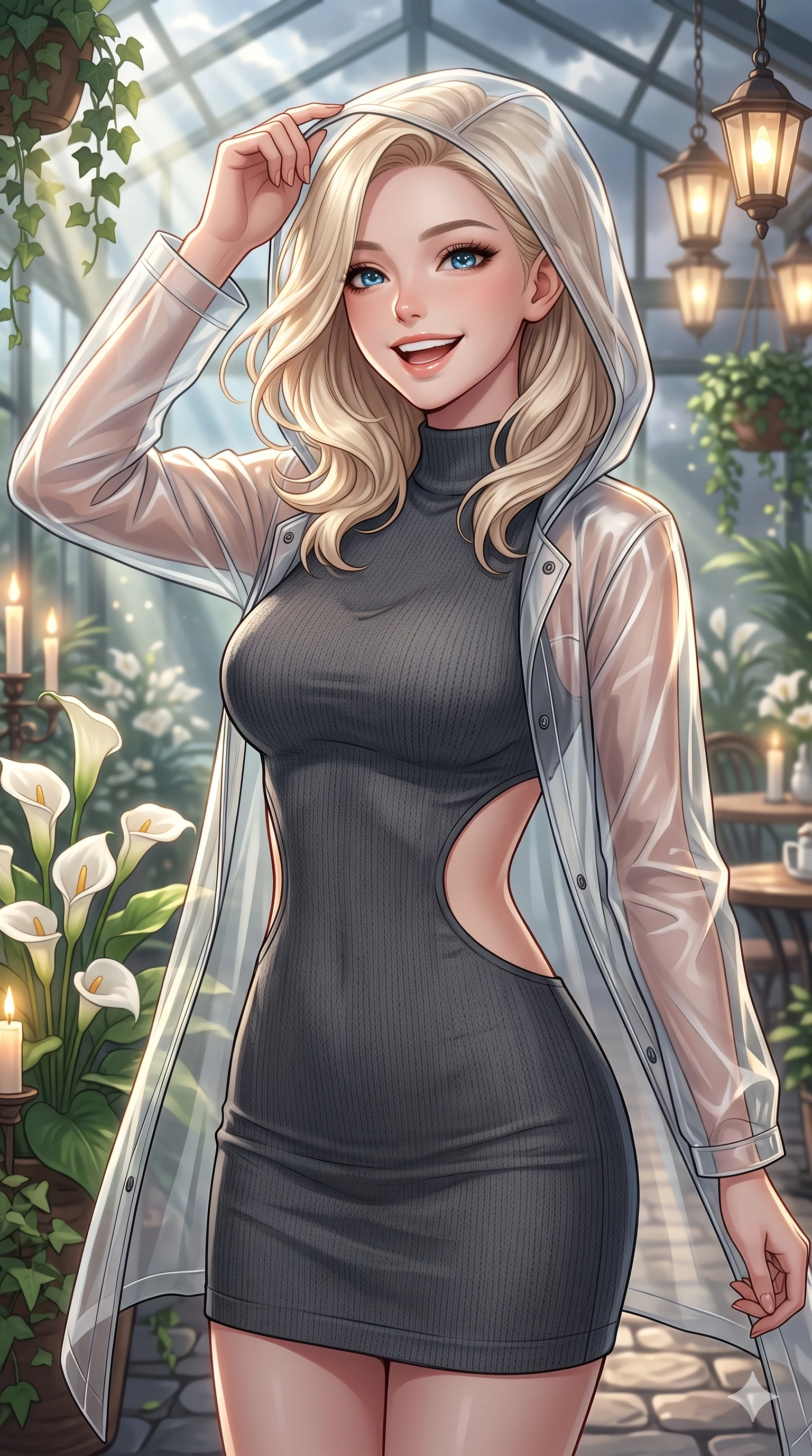 score_9, masterpiece, best quality, ultra-detailed, high-budget anime keyframe, vibrant anime aesthetic, Caucasian woman, strictly human ears. close-up cowboy shot from the waist and thighs up, the character dominates the composition, filling the frame with her large presence, background elements kept in soft focus. She is adjusting her stylish raincoat hood, laughing with a radiant face, with a warm and inviting look with a soft breath of wind in her hair. inside a sunlit plant conservatory filled with white calla lilies and hanging ivy, as sunbeams pierce through storm clouds (Code-P22-069). She has an absolutely perfect proportion, an exceptionally elegant and slender female figure with an ultra-slim waist. V-shaped jawline, high-bridge nose, intricate jewel-like eyes with depth, thick eyelashes, glossy lips with a natural sheen. wearing a bodycon knit dress with an elegant side panel cut-out in classic charcoal. She is illuminated by warm candlelight and soft gaslight from a cozy greenhouse cafe, tracing the elegant lines of her shoulders along the cobblestone alley. 2k, ultra detail, master piece, 9:16 ratio