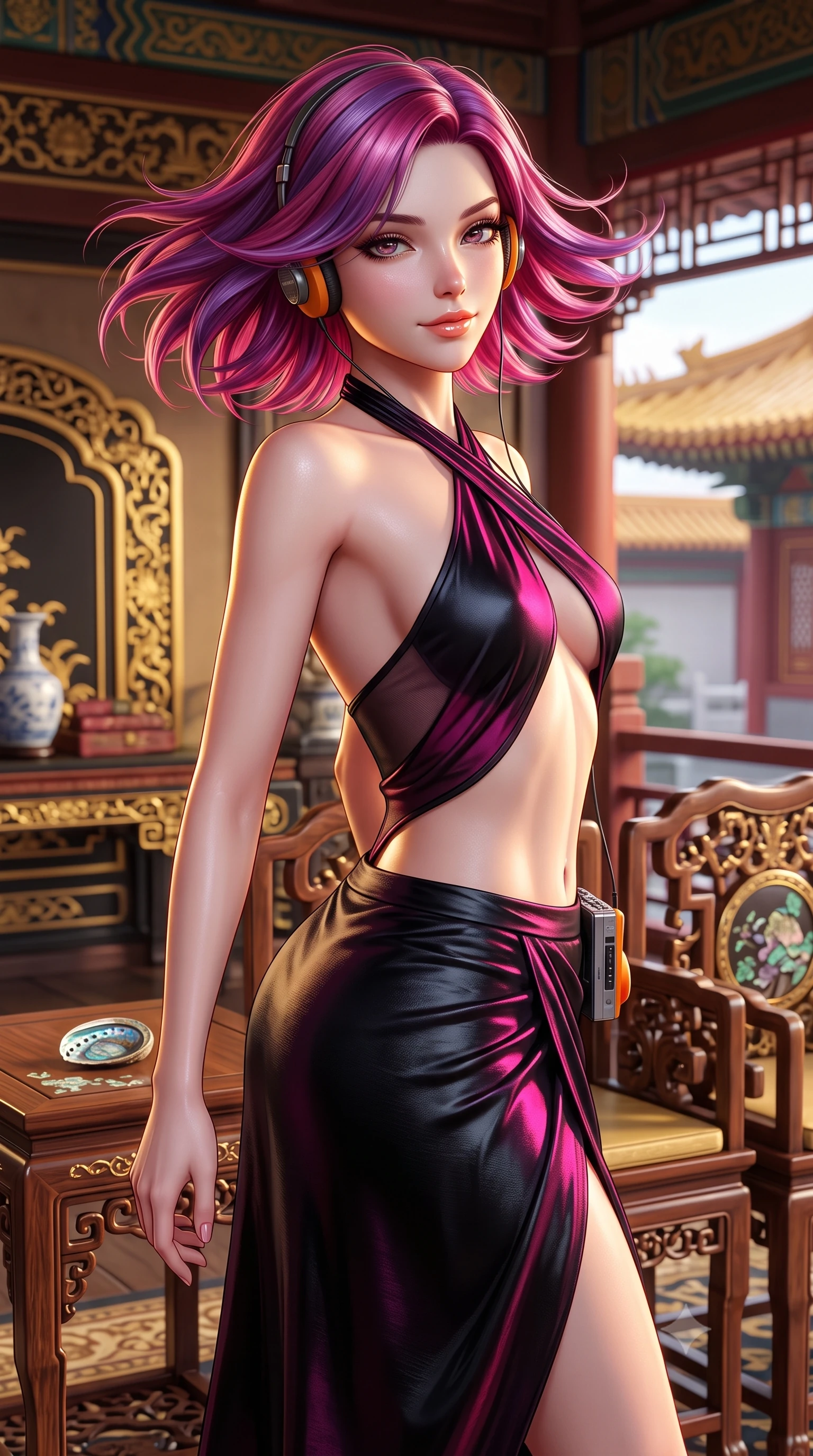 score_9, masterpiece, best quality, ultra-detailed, high-budget anime keyframe, semi-realistic 3D game render, editorial fashion photography, tasteful artistic composition, Caucasian woman. close-up cowboy shot from the waist and thighs up, the character dominates the composition, filling the frame with her large presence. turning slowly with an enchanting smoldering smile, her glossy hair tossing in the breeze as her hips angle gracefully in a captivating contrapposto while twisting her slender torso in an alluring S-curve, iridescent abalone shell inlays mirroring her narrow waist and rounded hips. The surrounding environment is rendered in vivid detail and crisp panoramic clarity: detailed semi-sheer fabric weave, glistening lip gloss sheen, and historic imperial furniture craftsmanship in razor-sharp resolution. She has an exceptionally elegant, slender, and willowy female figure with an ultra-slim waist, flat toned midriff, narrow ribcage, and sculpted feminine hips creating an alluring, slim hourglass silhouette without bulk. sharp v-shaped jawline, high-bridge nose, sparkling eyes with hypnotic seductive depth, thick curled eyelashes, glossy parted lips with a natural dewy peach sheen, alluring bedroom-eyes with an enchanting coquettish smile, exuding magnetic siren charisma and sophisticated glamour, flawlessly proportioned anatomical accuracy, strict slender model proportions, natural body alignment, perfectly sculpted long slender limbs, ultra-slim waistline, clean dynamic posture without body distortion. wearing a high-waisted silk wrap sarong skirt with a hip-high slit paired with a plunging criss-cross satin halter top in wet-look onyx black with electric fuchsia reflections, made of semi-opaque stretch illusion mesh with soft shadowy contours, complemented by a retro cassette walkman with vintage foam-padded orange headphones, the precision-cut side openings and low-back scoop framing her graceful spine and the sensual sweep of her slim, toned hips. illuminated by lacquer specular highlights and sharp warm-gold rim lights defining her razor-sharp jawline, narrow waist, and curvy hips. highly saturated vibrant anime colors, detailed shading with soft gradients, rich glossy textures, high-contrast stereoscopic depth, volumetric dynamic lighting, master piece, 9:16 ratio