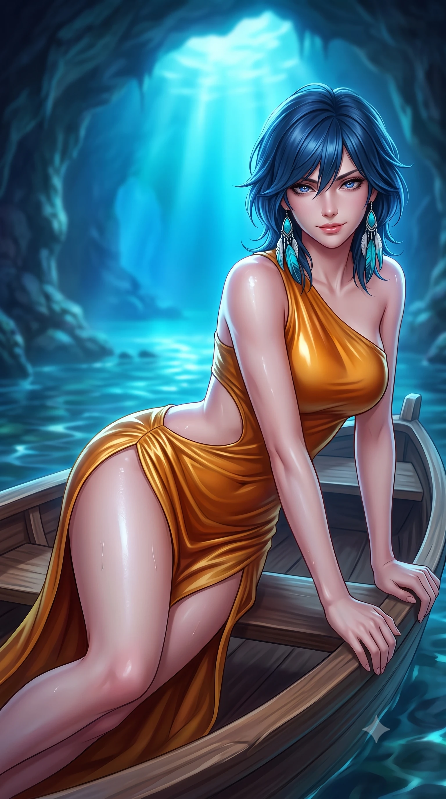 score_9, masterpiece, best quality, ultra-detailed, high-budget anime keyframe, semi-realistic 3D game render, editorial fashion photography, tasteful artistic composition, Caucasian woman. close-up cowboy shot from the waist and thighs up, the character dominates the composition, filling the frame with her large presence. leaning forward while arching her lower back to accentuate her curvy hips, looking into the camera with an intoxicating smoldering gaze and bedroom-eyes while reclining on the small wooden rowboat propped on one hand, her wet-look silhouette radiating supernatural Mediterranean beauty. The background shows a soft-focus grotto entrance ripples softened in mysterious maritime subterranean shallow focus. She has an exceptionally elegant, slender, and willowy female figure with an ultra-slim waist, flat toned midriff, narrow ribcage, and sculpted feminine hips creating an alluring, slim hourglass silhouette without bulk. sharp v-shaped jawline, high-bridge nose, sparkling eyes with hypnotic seductive depth, thick curled eyelashes, glossy parted lips with a natural dewy peach sheen, alluring bedroom-eyes with an enchanting coquettish smile, exuding magnetic siren charisma and sophisticated glamour, flawlessly proportioned anatomical accuracy, strict slender model proportions, natural body alignment, perfectly sculpted long slender limbs, ultra-slim waistline, clean dynamic posture without body distortion. wearing an asymmetric one-shoulder liquid jersey resort gown with dramatic hip-high slit and waist cutout in warm amber honey and antique gold leaf, crafted from smooth liquid-tight stretch jersey emphasizing every curve of her body, accented with turquoise and silver bohemian feather earrings swaying near her bare neck, the precision-cut side openings and low-back scoop framing her graceful spine and the sensual sweep of her slim, toned hips. bathed in ethereal glowing cobalt-and-cyan light radiating upward through the submerged cave opening. highly saturated vibrant anime colors, detailed shading with soft gradients, rich glossy textures, high-contrast stereoscopic depth, volumetric dynamic lighting, master piece, 9:16 ratio