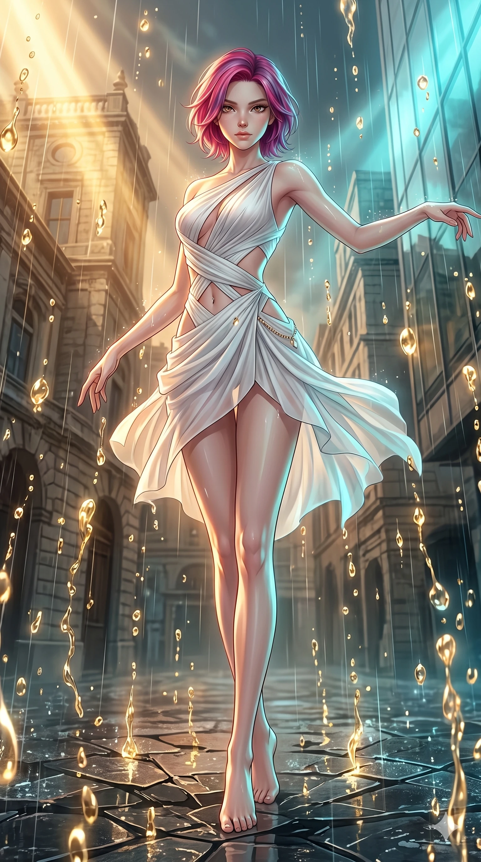 score_9, masterpiece, best quality, ultra-detailed, high-budget anime keyframe, Japanese woman. low angle full-body shot filling the entire 9:16 frame with her statuesque presence, stretching the vertical silhouette. dodging ethereal liquid gold rain that rises upward from the ground in warm shimmering droplets under an inverted gravity field. She has an absolutely perfect 8-heads proportion, an exceptionally tall and slender female figure with impossibly long slender legs and an ultra-slim waist. V-shaped jawline, high-bridge nose, intricate jewel-like eyes with depth, thick eyelashes, glossy lips with a natural sheen.. wearing an asymmetric chiffon draped couture mini dress, featuring draped white chiffon fabric twisting around her body with elegant diamond cutouts on the waist. showcasing a beautiful play of light and shadow, with warm golden rays clashing against cool cyan highlights. 2k, ultra detail, master piece, 9:16 ratio