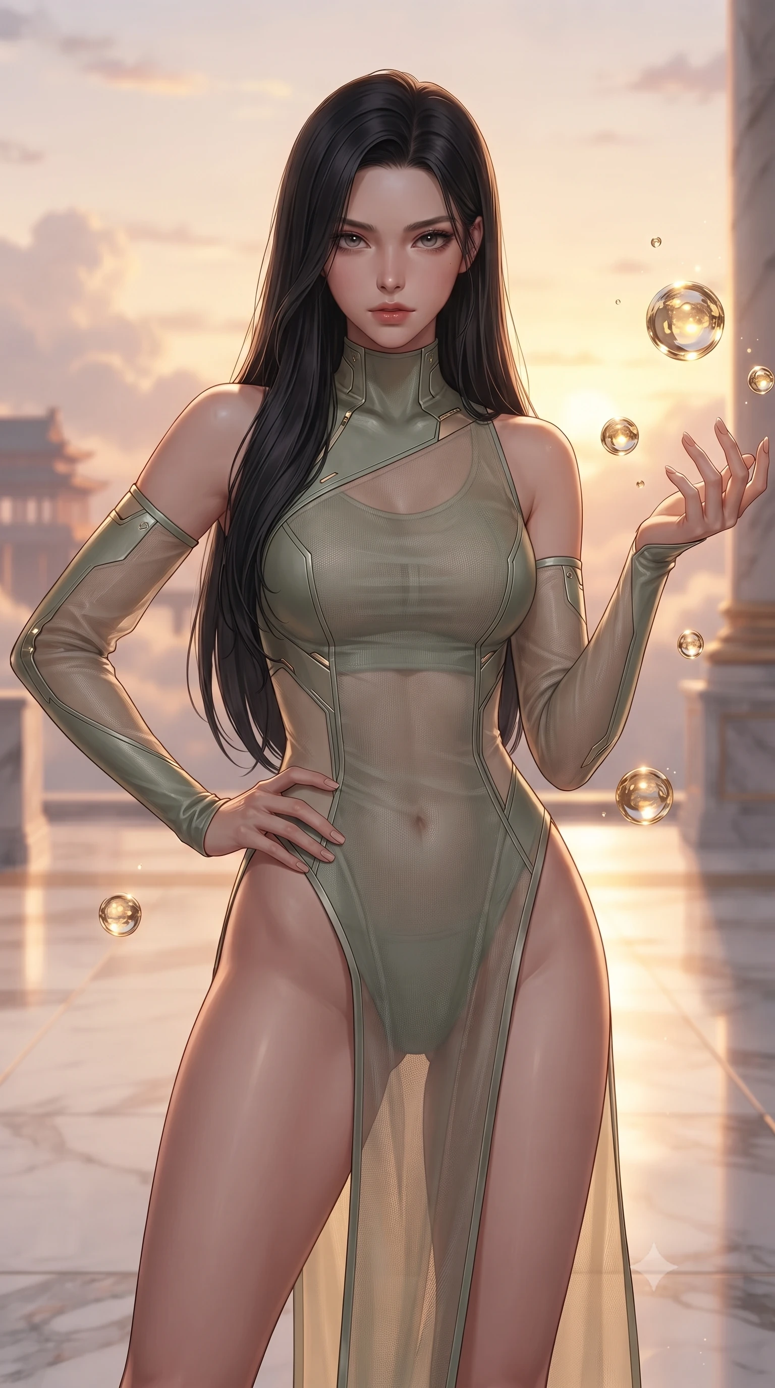 score_9, masterpiece, best quality, ultra-detailed, high-budget anime keyframe, editorial fashion photography, tasteful artistic composition, Korean woman. close-up cowboy shot from the waist and thighs up, the character dominates the composition, filling the frame with her large presence, background elements kept in soft focus. Holding a confident power pose with one hand on her hip, gazing directly into the camera with quiet intensity interacting with floating golden water Orbs in a cloudtop palace court, soft rose-gold and amber sunset light reflecting off polished marble. She has an exceptionally elegant, slender, and willowy female figure with an ultra-slim waist, a gracefully sculpted slender torso, and a refined silhouette. sharp v-shaped jawline, high-bridge nose, intricate jewel-like eyes with depth, thick eyelashes, glossy lips with a natural sheen. wearing an asymmetrical high-cut tech-bodysuit with detached sleeves in sage green and oatmeal, woven from fine semi-opaque sheer organza, finished with a sleek side slit ascending to mid-thigh, the glove-like fit emphasizing her statuesque silhouette. bathed in glorious golden hour sunbeams and warm rose-gold ambient light. ultra-reflective glossy finish, specular highlights, metallic sheen, high-contrast stereoscopic depth, volumetric dynamic lighting, 2k, ultra detail, master piece, 9:16 ratio