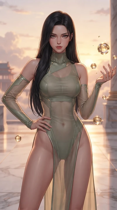 score_9, masterpiece, best quality, ultra-detailed, high-budget anime keyframe, editorial fashion photography, tasteful artistic composition, Korean woman. close-up cowboy shot from the waist and thighs up, the character dominates the composition, fi
