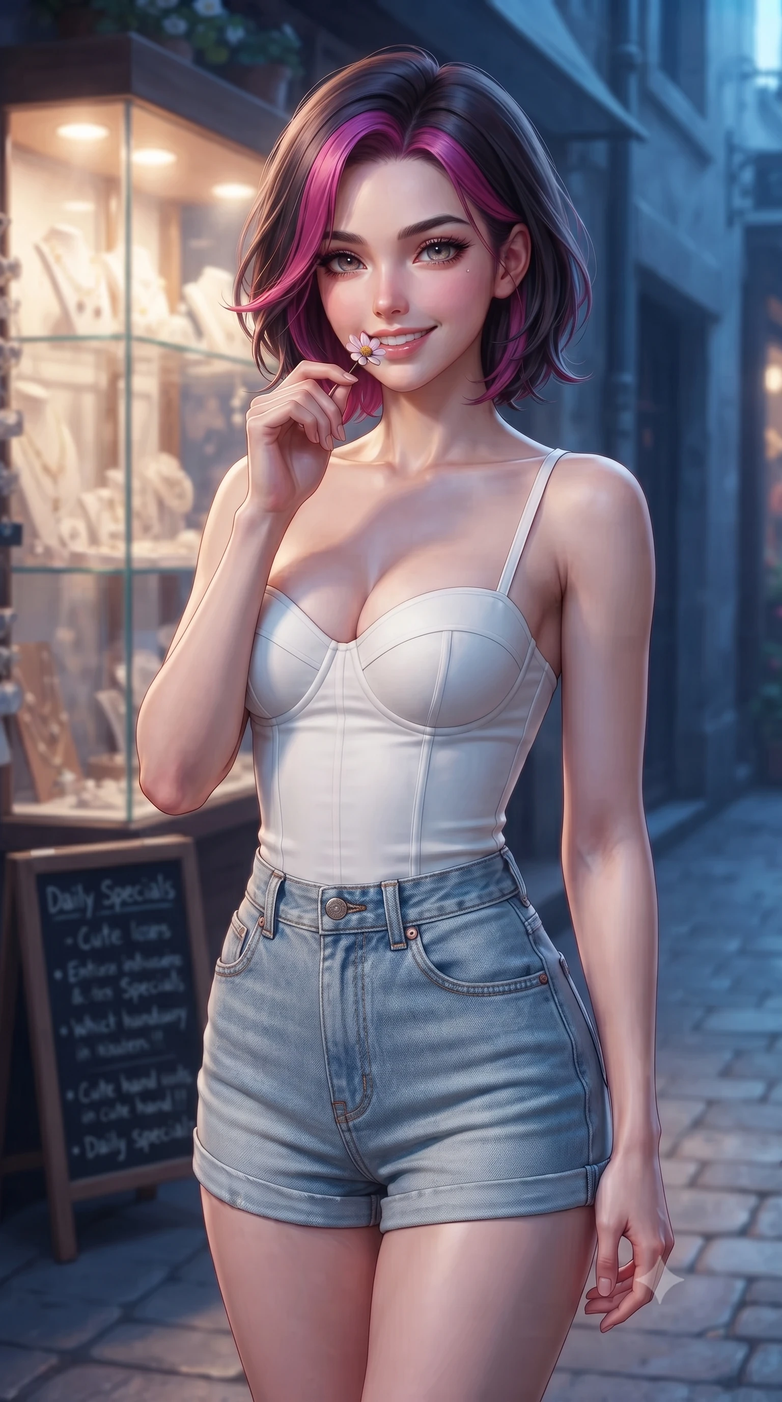 score_9, masterpiece, best quality, ultra-detailed, high-budget anime keyframe, editorial fashion photography, tasteful artistic composition, Caucasian woman. close-up cowboy shot from the waist and thighs up, the character dominates the composition, filling the frame with her large presence, background elements kept in soft focus. holding a delicate flower near her lips, smiling with magnetic self-assurance and glowing eyes set against a soft-focus background of in front of a small handmade accessory boutique with glass showcases with a small chalkboard sign showing daily specials written in cute lettering. She has an exceptionally elegant, slender, and willowy female figure with an ultra-slim waist, a gracefully sculpted slender torso, and a refined silhouette. sharp v-shaped jawline, high-bridge nose, intricate jewel-like eyes with depth, thick eyelashes, glossy lips with a natural sheen. wearing body-hugging tailored cotton bustier top paired with high-waist denim shorts. warm glow from the shop windows clashing with the cool blue alley shadows. ultra-reflective glossy finish, specular highlights, metallic sheen, high-contrast stereoscopic depth, volumetric dynamic lighting, 2k, ultra detail, master piece, 9:16 ratio