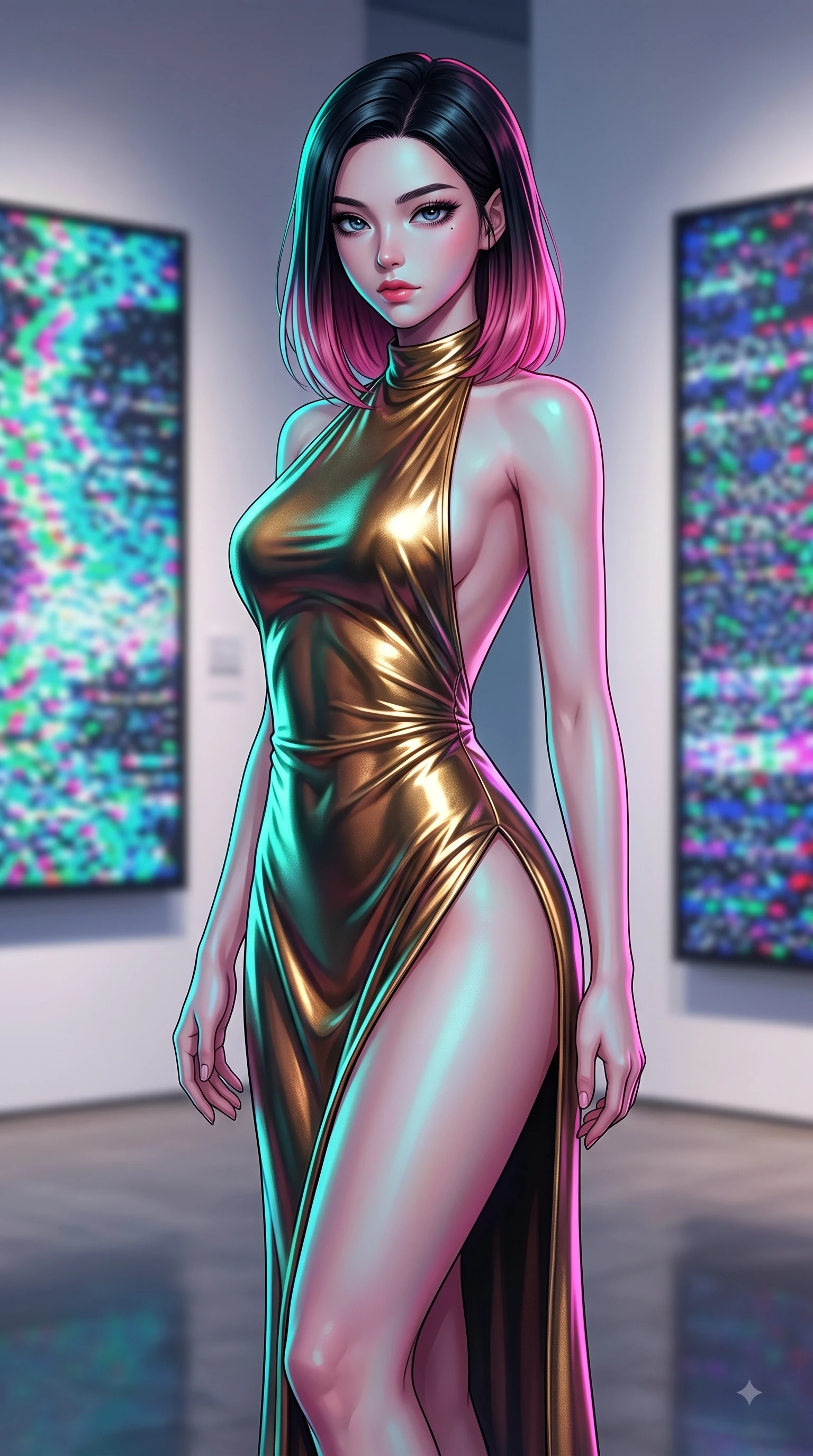 score_9, masterpiece, best quality, ultra-detailed, high-budget anime keyframe, editorial fashion photography, tasteful artistic composition, Korean woman woman. close-up cowboy shot from the waist and thighs up, the character dominates the composition, filling the frame with her large presence, background elements kept in soft focus. She has an exceptionally elegant, slender, and willowy female figure with an ultra-slim waist, a gracefully sculpted slender torso, and a refined silhouette. casting a slow, direct gaze beneath heavy lashes with magnetic intensity, flawlessly proportioned anatomical accuracy, natural body alignment, perfectly sculpted elegant limbs, clean dynamic posture without body distortion. set against a soft-focus background of a high-end gallery with RGB noise digital canvas displays. wearing a backless metallic gold halter gown with a daring high side slit to mid-thigh. bathed in dynamic shifting RGB neon lights creating dramatic high-contrast rim light. highly saturated vibrant anime colors, detailed shading with soft gradients, rich glossy textures, high-contrast stereoscopic depth, volumetric dynamic lighting, master piece, 9:16 ratio