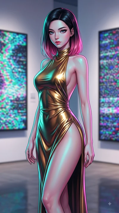 score_9, masterpiece, best quality, ultra-detailed, high-budget anime keyframe, editorial fashion photography, tasteful artistic composition, Korean woman woman. close-up cowboy shot from the waist and thighs up, the character dominates the compositi