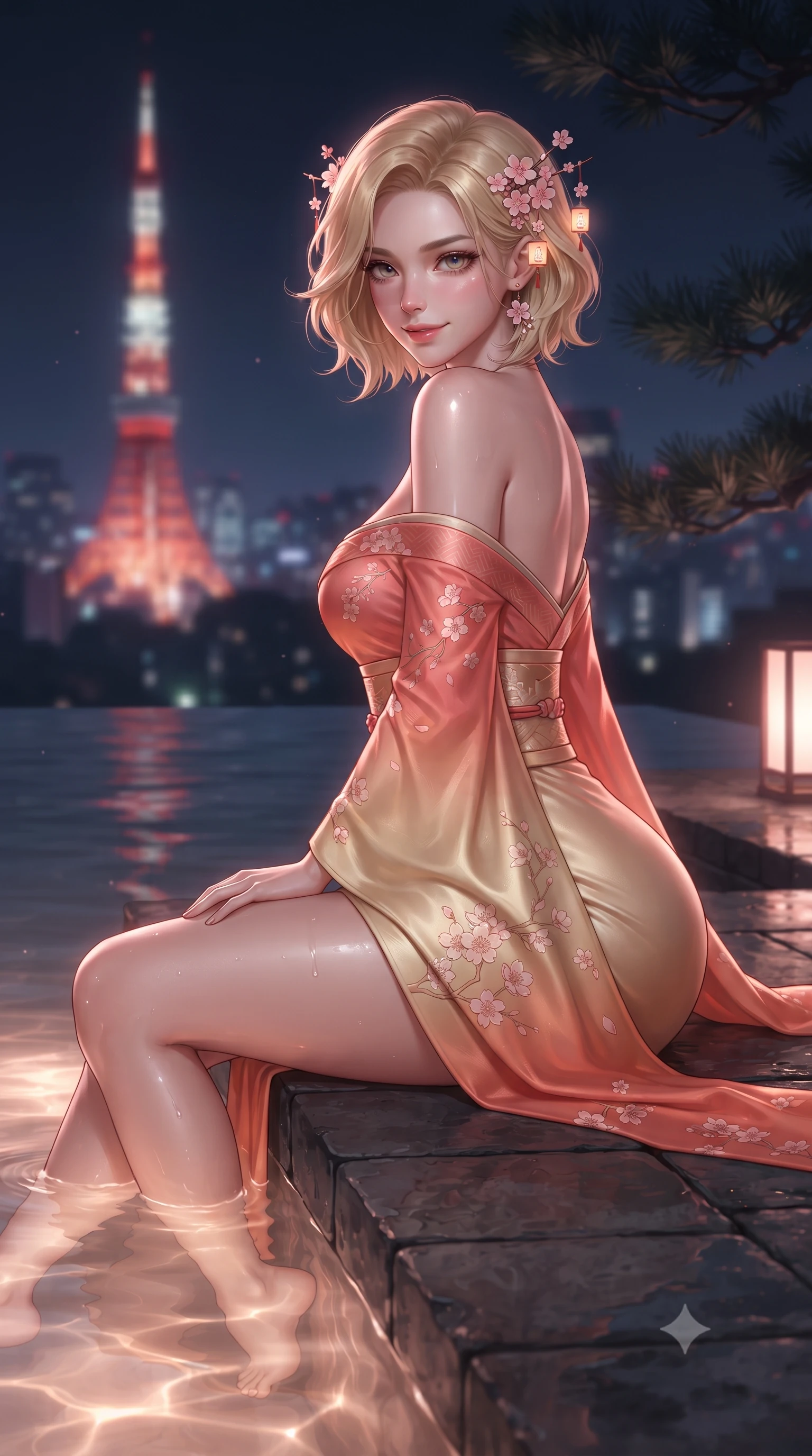 score_9, masterpiece, best quality, ultra-detailed, high-budget anime keyframe, editorial fashion photography, tasteful artistic composition, Caucasian woman. close-up cowboy shot from the waist and thighs up, the character dominates the composition, filling the frame with her large presence. turning over a bare shoulder with an intoxicating, teasing smile, her soft hair framing her sharp jawline as her hips angle gracefully while sitting on the stone infinity pool edge with legs dipped in water, turning her upper body in an alluring S-curve toward the camera. The composition keeps background elements in soft focus with creamy bokeh. distant Tokyo Tower neon lights and dark pine branches softened in dreamy nocturnal shallow focus. She has an exceptionally elegant, slender, and willowy female figure with an ultra-slim waist, a gracefully sculpted slender torso, toned flat midriff, and rounded feminine hips creating an alluring hourglass silhouette. sharp v-shaped jawline, high-bridge nose, intricate jewel-like eyes with depth, thick eyelashes, glossy parted lips with a natural sheen, intensely captivating and seductive bedroom-eyes expression, flawlessly proportioned anatomical accuracy, strict slender model proportions, natural body alignment, perfectly sculpted long slender limbs, ultra-slim waistline, clean dynamic posture without body distortion. wearing a traditional-modern silk fusion wrap dress with asymmetric trailing sleeves and waist-cinching obi in sunrise coral and champagne gold, made of liquid bamboo jersey adhering seamlessly to her slender frame, accented with delicate cherry blossom hairpins and glowing paper lantern charms, the second-skin form-contouring cut accentuating her sculpted flat midriff, narrow waistline, and dramatically curvy hips without adding bulk. bathed in soft pink cherry blossom ambient glow and warm underwater mineral pool lights. ultra-reflective glossy finish, specular highlights, rich textural contrasts, high-contrast stereoscopic depth, volumetric dynamic lighting, 2k, ultra detail, master piece, 9:16 ratio