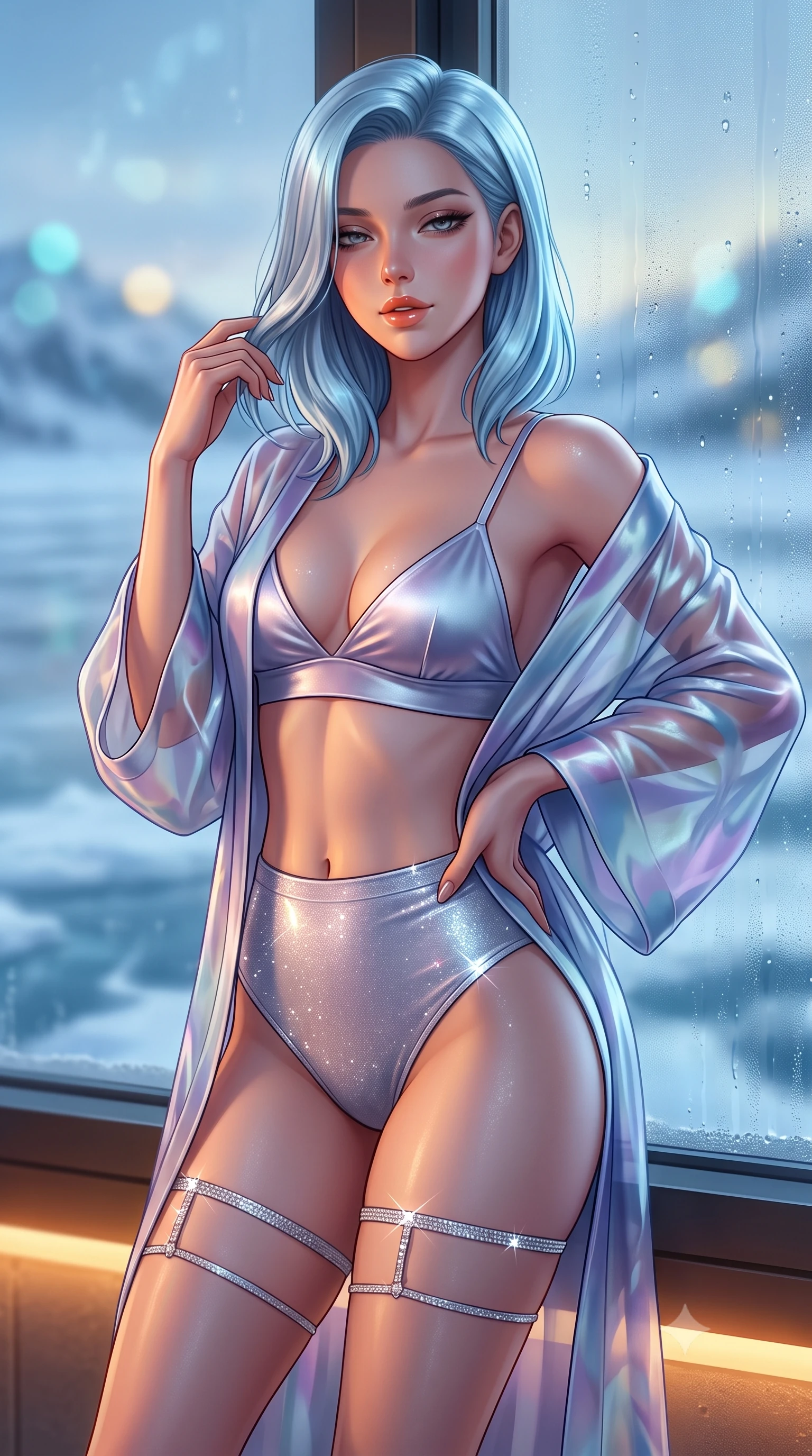 score_9, masterpiece, best quality, ultra-detailed, high-budget anime keyframe, semi-realistic 3D game render, editorial fashion photography, tasteful artistic composition, Korean woman. close-up cowboy shot from the waist and thighs up, the character dominates the composition, filling the frame with her large presence. twisting her slender torso in an alluring contrapposto stance, one hand resting on her sculpted hip while her fingers toy with her hair with effortless poise while leaning against the warm insulated glass pane with hips cocked back, looking through condensation beads with an irresistible, heavy-lidded bedroom-gaze. The background shows a soft-focus expansive frozen lake ice sheets, misty arctic twilight, and distant snow-covered fells blurred into icy cyan, periwinkle, and pale gold bokeh. She has an exceptionally elegant, slender, and willowy female figure with an ultra-slim waist, flat toned midriff, narrow ribcage, and sculpted feminine hips creating an alluring, slim hourglass silhouette without bulk. sharp v-shaped jawline, high-bridge nose, sparkling eyes with hypnotic seductive depth, thick curled eyelashes, glossy parted lips with a natural dewy peach sheen, alluring bedroom-eyes with an enchanting coquettish smile, exuding magnetic siren charisma and sophisticated glamour, flawlessly proportioned anatomical accuracy, strict slender model proportions, natural body alignment, perfectly sculpted long slender limbs, ultra-slim waistline, clean dynamic posture without body distortion. wearing a sheer organza modern kimono robe worn loose and slipping off bare shoulders over a matching satin bralette and high-waisted briefs in icy aurora-violet and glacial liquid silver, woven from stretch metallic lurex jersey casting radiant starlight glints across her silhouette, finished with delicate crystal-encrusted thigh garter straps glinting in the dim light, the liquid-tight tailored fabric clinging flawlessly to her narrow waist and rounded feminine hips, emphasizing every millimeter of her sculpted slim hourglass curves without any bulky heaviness. bathed in warm 2600K amber under-bench LED lighting contrasting with arctic twilight blue through the glass. highly saturated vibrant anime colors, detailed shading with soft gradients, rich glossy textures, high-contrast stereoscopic depth, volumetric dynamic lighting, master piece, 9:16 ratio