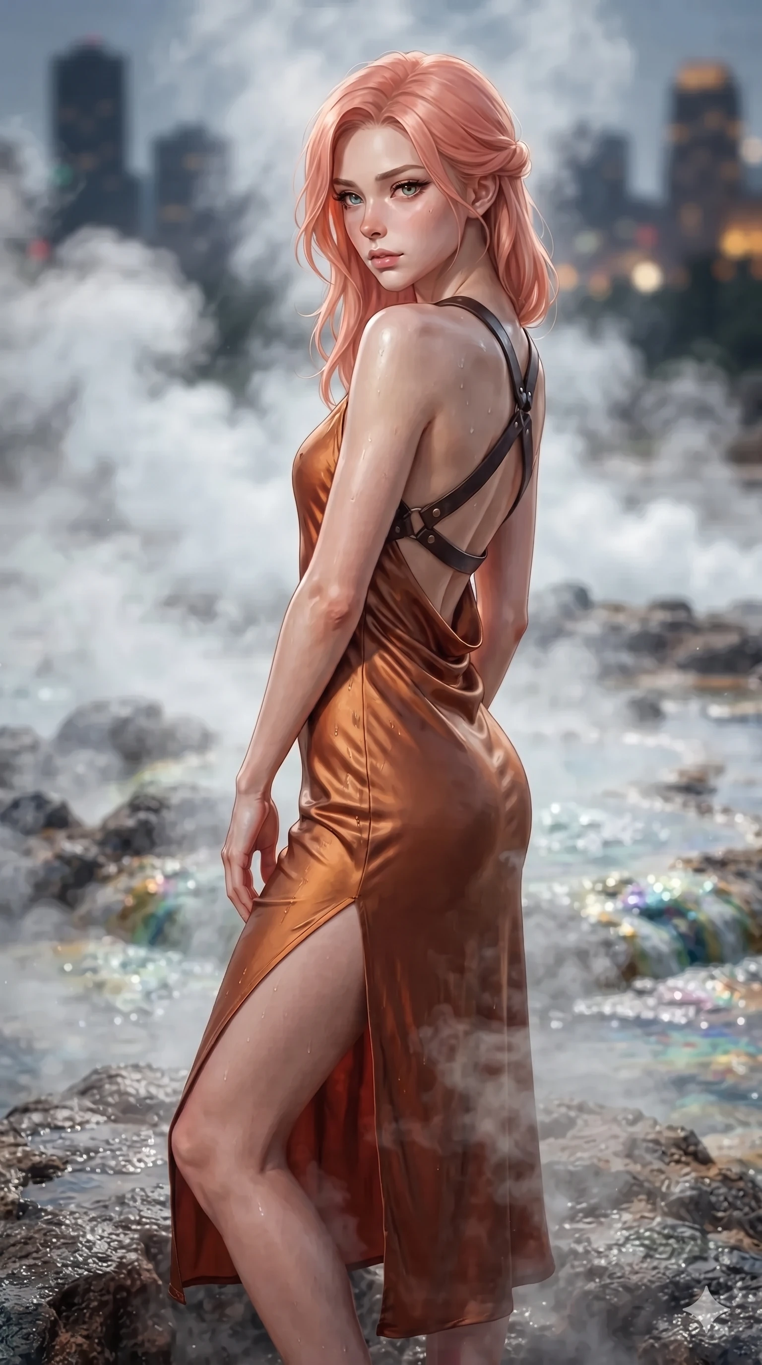 score_9, masterpiece, best quality, ultra-detailed, high-budget anime keyframe, editorial fashion photography, tasteful artistic composition, Japanese woman. close-up cowboy shot from the waist and thighs up, the character dominates the composition, filling the frame with her large presence. twisting her slender torso in a deep contrapposto stance, hips dramatically shifted to accentuate her feminine curves while looking past her shoulder with smoldering bedroom-eyes while standing poised on the rugged basalt promontory between natural steam vents, arching her spine with dancer-like poise as thermal mist curls around her slender limbs. The background shows a soft-focus curling white thermal steam clouds, bubbling mineral springs, and dark city silhouettes blurred into pearl white, slate, and gold bokeh. She has an exceptionally elegant, slender, and willowy female figure with an ultra-slim waist, flat toned midriff, narrow ribcage, and sculpted feminine hips creating an alluring, slim hourglass silhouette without bulk. sharp v-shaped jawline, high-bridge nose, intricate jewel-like sparkling eyes with depth, thick eyelashes, glossy parted lips with a natural sheen, intensely captivating and seductive bedroom-eyes expression, exuding both youthful cute charm and sovereign luxury allure, flawlessly proportioned anatomical accuracy, strict slender model proportions, natural body alignment, perfectly sculpted long slender limbs, ultra-slim waistline, clean dynamic posture without body distortion. wearing a form-contouring gossamer silk chiffon slip dress with a hip-high slit and open cowl back clinging with dewy moisture in rich copper bronze and warm amber, tailored from smooth liquid silk satin that clings smoothly to her narrow waist and rounded hips with a dewy sheen, featuring an open-back criss-cross harness strap in dark leather, the bespoke structured tailoring following the natural line of her 8.5-heads silhouette with refined elegance. illuminated by wet stone reflection bounce and sharp silver-amber rim lights sculpting her razor-sharp jawline, narrow waist, and curvy hips. ultra-reflective glossy finish, specular highlights, rich textural contrasts, high-contrast stereoscopic depth, volumetric dynamic lighting, 2k, ultra detail, master piece, 9:16 ratio