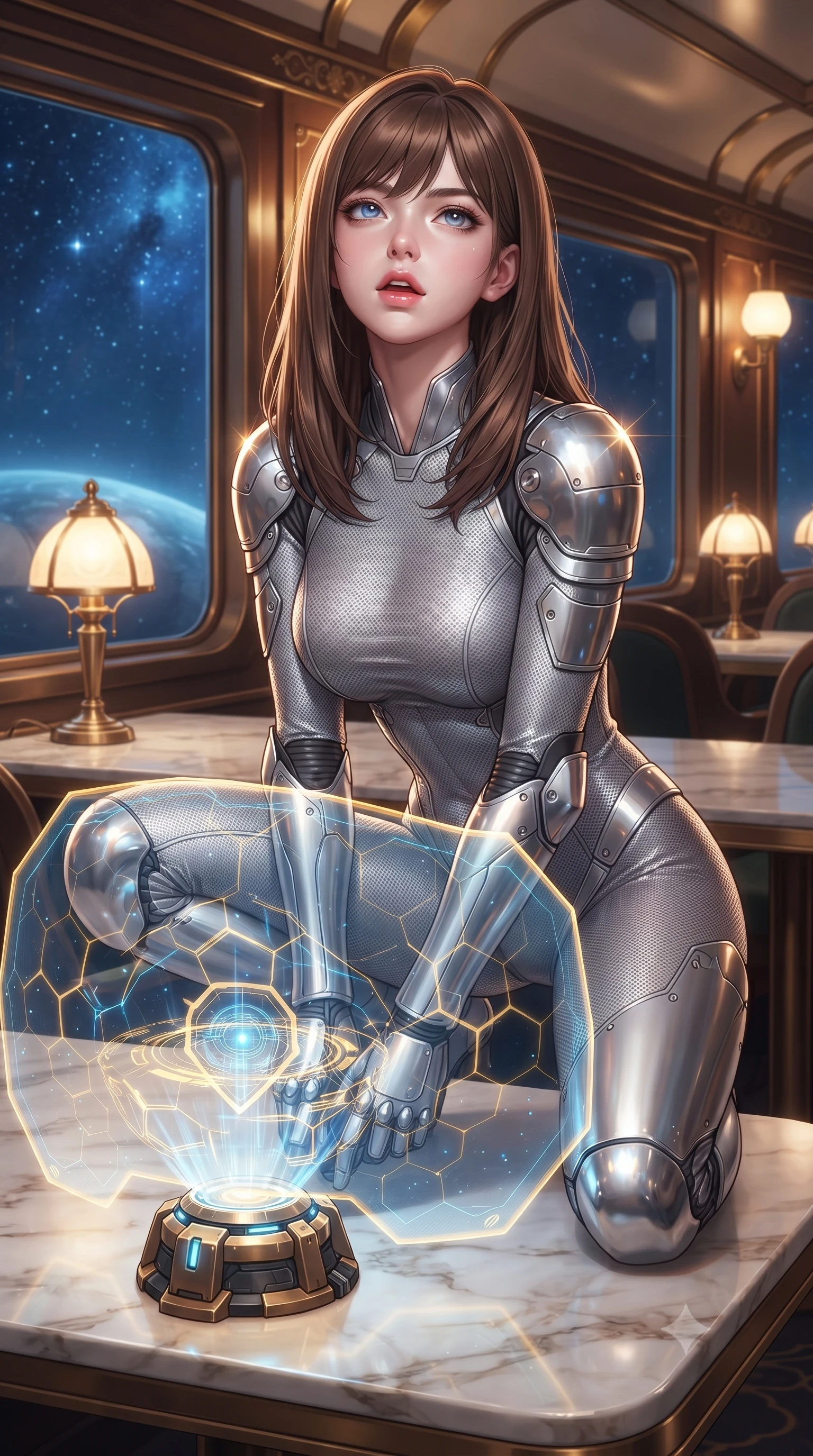 score_9, masterpiece, best quality, ultra-detailed, high-budget anime keyframe, editorial fashion photography, tasteful artistic composition, Korean woman. close-up cowboy shot from the waist and thighs up, the character dominates the composition, filling the frame with her large presence, background elements kept in soft focus. crouching slightly behind a glowing holographic shield emitter, looking up with defiance and lips slightly parted, the background shows a soft-focus a train dining car with marble tables, brass lamps, and large windows. She has an exceptionally elegant, slender, and willowy female figure with an ultra-slim waist, a gracefully sculpted slender torso, and a refined silhouette. sharp v-shaped jawline, high-bridge nose, intricate jewel-like eyes with depth, thick eyelashes, glossy lips with a natural sheen. wearing a body-hugging delicate silver nano-mesh bodysuit with strategically placed chrome armor plate guards covering key curves. warm glowing table lamps contrasting with cool blue starlight outside. ultra-reflective glossy finish, specular highlights, metallic sheen, high-contrast stereoscopic depth, volumetric dynamic lighting, 2k, ultra detail, master piece, 9:16 ratio