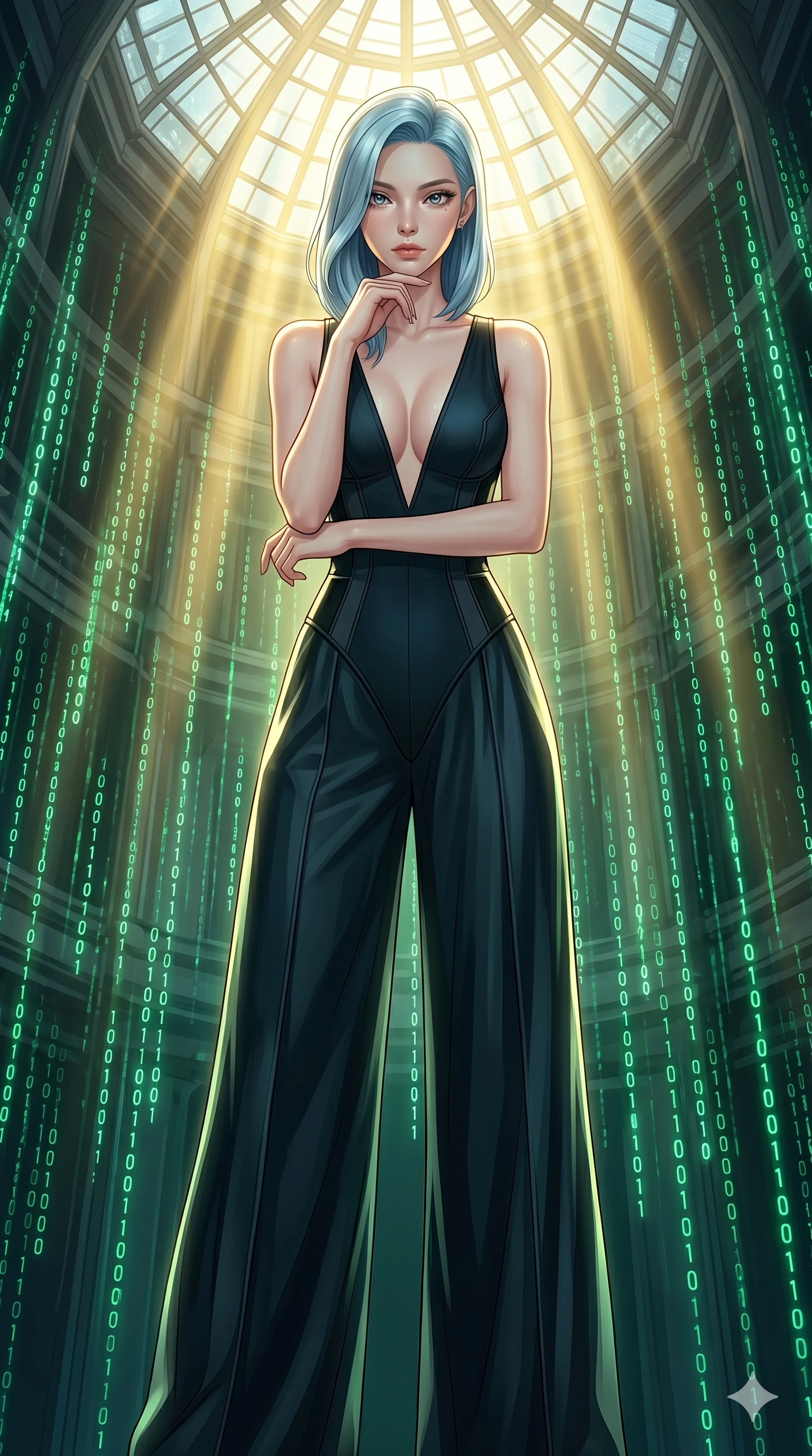score_9, masterpiece, best quality, ultra-detailed, high-budget anime keyframe, editorial fashion photography, tasteful artistic composition, Korean woman. cowboy shot from the thighs up, character and outfit filling the frame for maximum editorial presence. Resting her chin on the backs of her fingers in a confident pose inside a digital void where streams of binary light rain gently in emerald green cascades. She has an absolutely perfect 8-heads proportion, an exceptionally tall and slender female figure with impossibly long slender legs and an ultra-slim waist. V-shaped jawline, high-bridge nose, intricate jewel-like eyes with depth, thick eyelashes, glossy lips with a natural sheen. wearing a structured deep-plunge V-neck bodysuit in midnight black with clean architectural seaming and bold side panel detailing, paired with dramatic wide-leg palazzo trousers in flowing silk. drenched in cinematic god-ray sunlight descending from a vaulted glass ceiling, illuminating her form. 2k, ultra detail, master piece, 9:16 ratio
