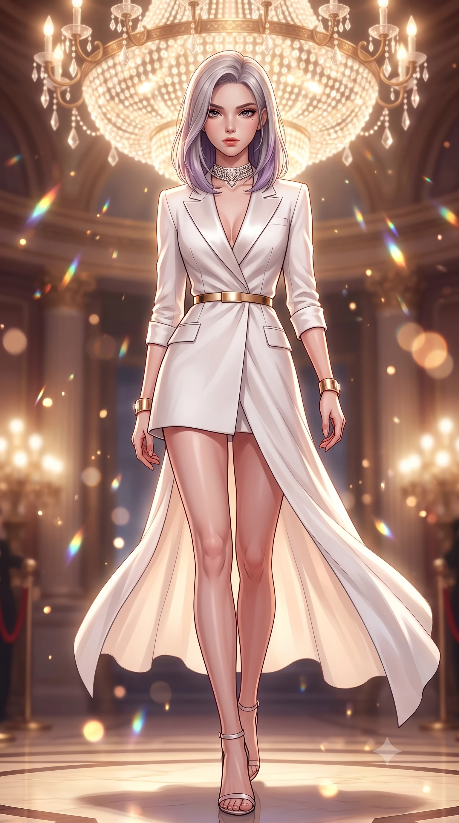 score_9, masterpiece, best quality, ultra-detailed, high-budget anime keyframe, semi-realistic 3D game render, editorial fashion photography, tasteful artistic composition, Caucasian woman. low angle full-body shot from head to toe showing her feet, filling the entire 9:16 vertical frame with her statuesque presence, stretching her vertical silhouette. stepping forward gracefully in mid-motion, displaying her toned flat midriff and flawlessly sculpted slender limbs while arching her spine in a fluid, regal posture while casting a mesmerizing, sovereign gaze into the lens. The composition keeps background elements in soft focus with creamy bokeh. shimmering chandelier prism refractions scattering warm champagne light motes across the royal theater. She has an absolutely perfect, statuesque 8.5-heads proportion, an exceptionally tall and slender model-like female figure with impossibly long slender legs, a toned flat midriff, and an ultra-slim waist. sharp v-shaped jawline, high-bridge nose, intricate jewel-like eyes with depth, thick eyelashes, glossy lips with a natural sheen, captivating and magnetic expression, flawlessly proportioned anatomical accuracy, strict slender model proportions, natural body alignment, perfectly sculpted long slender limbs, ultra-slim waistline, clean dynamic posture without body distortion. wearing a chic tailored white tuxedo jacket dress with satin lapels and an ultra-slim waist-cinching gold belt in pristine royal white and brushed gold, made of structured fine wool crepe and liquid silk satin, accessorized with a bold diamond choker and minimalist gold cuffs, the breezy yet form-flattering drape swaying gracefully with her steps, accentuating her long willowy limbs and slim waistline. surrounded by an aristocratic, majestic, and enchantingly sovereign high-society queen aura. highly saturated vibrant anime colors, detailed shading with soft gradients, rich glossy textures, high-contrast stereoscopic depth, volumetric dynamic lighting, master piece, 9:16 ratio