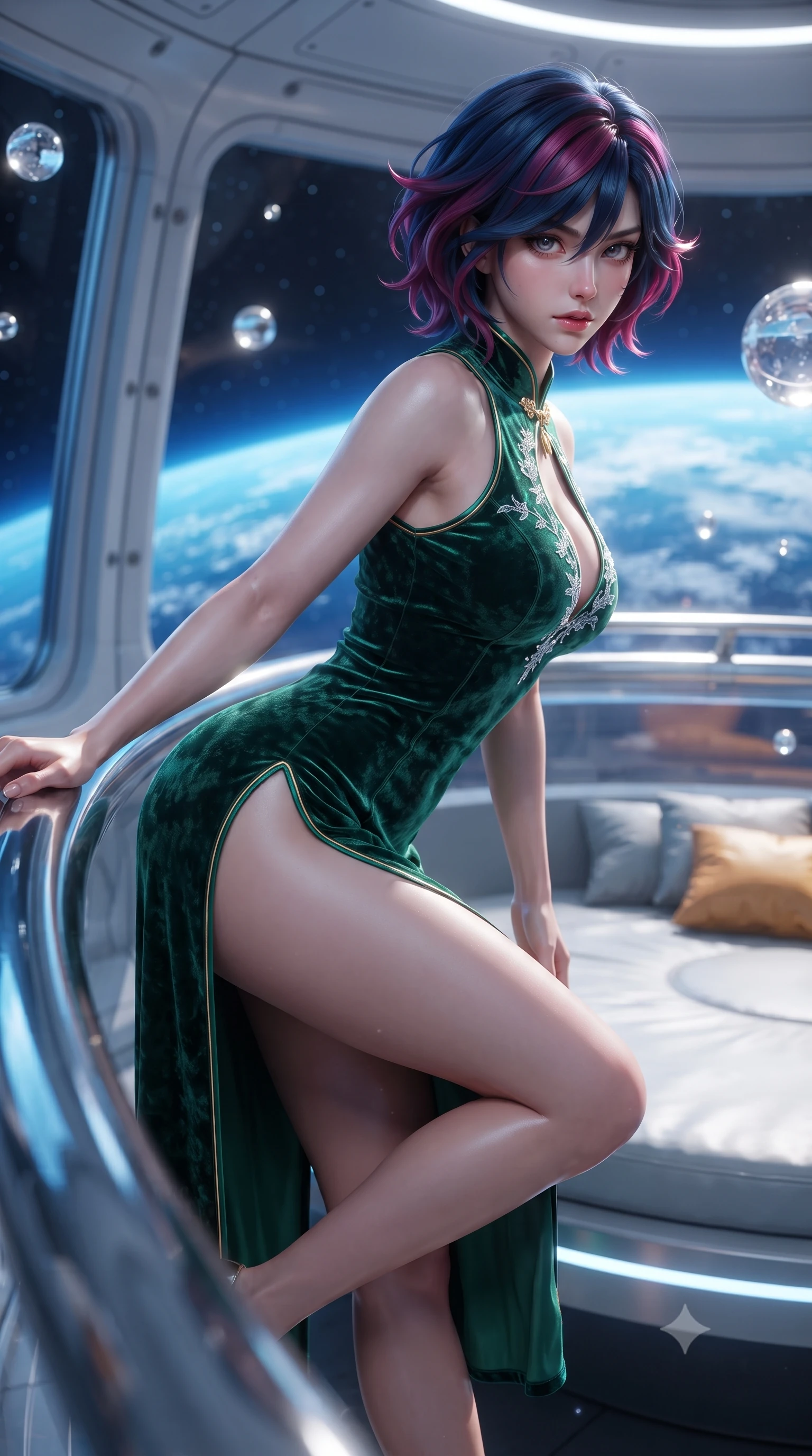 score_9, masterpiece, best quality, ultra-detailed, high-budget anime keyframe, editorial fashion photography, tasteful artistic composition, Korean woman. close-up cowboy shot from the waist and thighs up, the character dominates the composition, filling the frame with her large presence. leaning forward against the polished railing with her hips cocked back, creating an intoxicating curve from her narrow waist to sculpted hips as she gazes back into the lens while reclining languidly on a circular floating daybed with one knee bent, starlight and blue Earth glow tracing the sensual curve of her feminine hips and flat midriff. The surrounding environment is rendered in vivid detail and crisp panoramic clarity. sharp quartz viewport frame rivets, floating crystal spheres, and lunar crater ridge shadows in deep focus. She has an exceptionally elegant, slender, and willowy female figure with an ultra-slim waist, flat toned midriff, narrow ribcage, and sculpted feminine hips creating an alluring, slim hourglass silhouette without bulk. sharp v-shaped jawline, high-bridge nose, intricate jewel-like eyes with depth, thick eyelashes, glossy parted lips with a natural sheen, intensely captivating and seductive bedroom-eyes expression, flawlessly proportioned anatomical accuracy, strict slender model proportions, natural body alignment, perfectly sculpted long slender limbs, ultra-slim waistline, clean dynamic posture without body distortion. wearing a modernized cyber-qipao mini dress with an ultra-high side slit ascending to the hip and glowing piping in deep emerald green satin and gold hardware, crafted from heavyweight crushed silk velvet with liquid vintage luster, finished with delicate crystal frost embroidery tracing the plunging neckline, the glove-like aerodynamic silhouette tightly following the natural contour of her hips and long slender legs with statuesque 8.5-heads elegance. bathed in ethereal sapphire planet-shine from Earth contrasting with warm amber cabin reading spots. ultra-reflective glossy finish, specular highlights, rich textural contrasts, high-contrast stereoscopic depth, volumetric dynamic lighting, 2k, ultra detail, master piece, 9:16 ratio