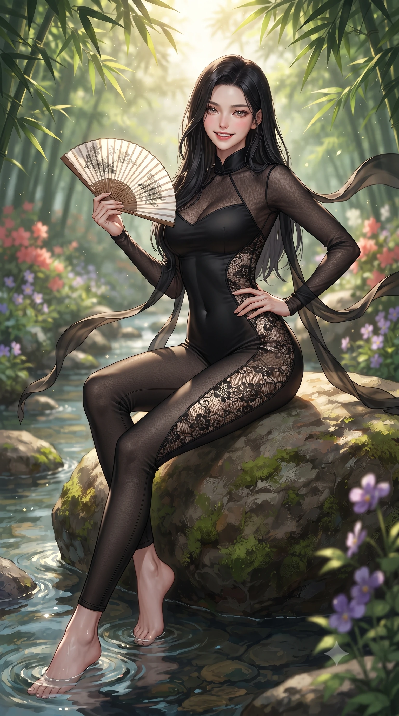 score_9, masterpiece, best quality, ultra-detailed, high-budget anime keyframe, editorial fashion photography, tasteful artistic composition, Korean woman. close-up cowboy shot from the waist and thighs up, the character dominates the composition, filling the frame with her large presence. twisting her slender torso in an alluring contrapposto stance, one hand resting on her sculpted hip while holding a traditional silk folding fan with effortless poise while sitting poised on a sun-warmed river boulder with legs dipping in the cool water, her modern fusion hanbok trailing lightly over the stream. The background shows a soft-focus native wildflowers along the mossy stream banks softened in tranquil Korean woodland shallow focus. She has an exceptionally elegant, slender, and willowy female figure with an ultra-slim waist, flat toned midriff, narrow ribcage, and sculpted feminine hips creating an alluring, slim hourglass silhouette without bulk. sharp v-shaped jawline, high-bridge nose, intricate jewel-like dark sparkling almond eyes with depth, thick lashes, glossy parted lips with a natural rose-plum sheen, bright alluring and coquettish smile with bedroom-eyes, exuding both timeless oriental elegance and sovereign high-fashion allure, flawlessly proportioned anatomical accuracy, strict slender model proportions, natural body alignment, perfectly sculpted long slender limbs, ultra-slim waistline, clean dynamic posture without body distortion. wearing a second-skin black silk jersey catsuit with delicate oriental floral lace panels along the ribs and thighs in stark monochrome black and white ink contrast, made of sheer technical micro-mesh with contouring shadow effects, accented with flowing gossamer silk ribbons that flutter dynamically in the evening breeze, the glove-like silhouette tightly following the natural contour of her hips and long slender legs with youthful 8.5-heads elegance. bathed in dappled golden morning sunbeams filtering through dense green bamboo leaves. ultra-reflective glossy finish, specular highlights, rich textural contrasts, high-contrast stereoscopic depth, volumetric dynamic lighting, 2k, ultra detail, master piece, 9:16 ratio