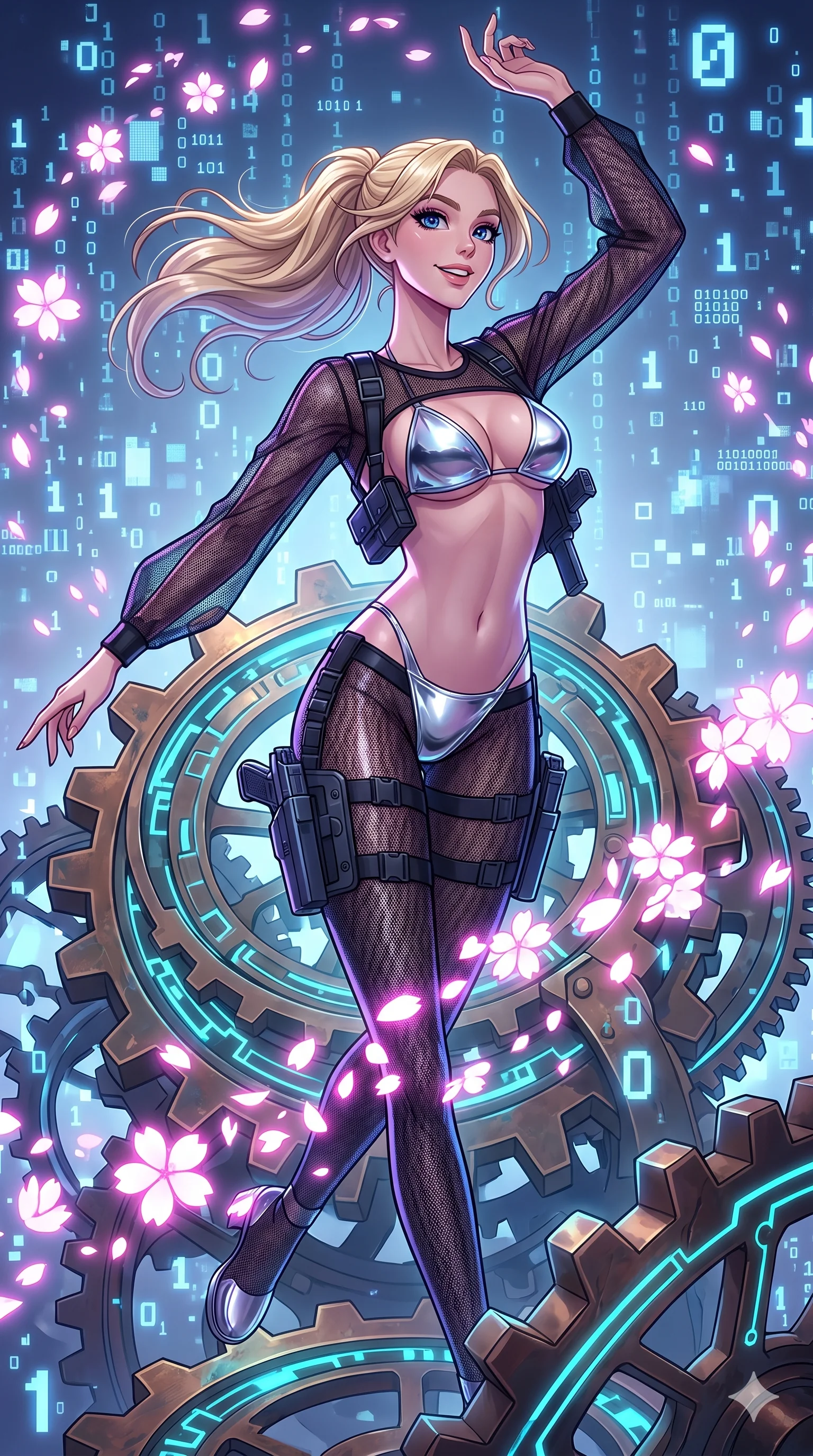 score_9, masterpiece, best quality, ultra-detailed, Set A: High-budget Anime Keyframe, Caucasian (strictly human ears) woman. Upper body close-up from the thighs up, character filling the screen for maximum presence. Dancing through a throne of gears, while a digital blizzard of 99 bits obscures the horizon and surrounded by digital sakura petals. She has an absolutely perfect 8-heads proportion, an exceptionally tall and slender female figure with impossibly long slender legs and an ultra-slim waist. Sharp v-shaped jawline, high-bridge nose, intricate jewel-like eyes with depth, thick eyelashes, glossy lips with a natural sheen. Wearing Reflective chrome bikini under a translucent mesh cover-up with tactical holsters. Cinematic lighting, vibrant colors, dramatic shadows, 2k, ultra detail, master piece, 9:16 ratio