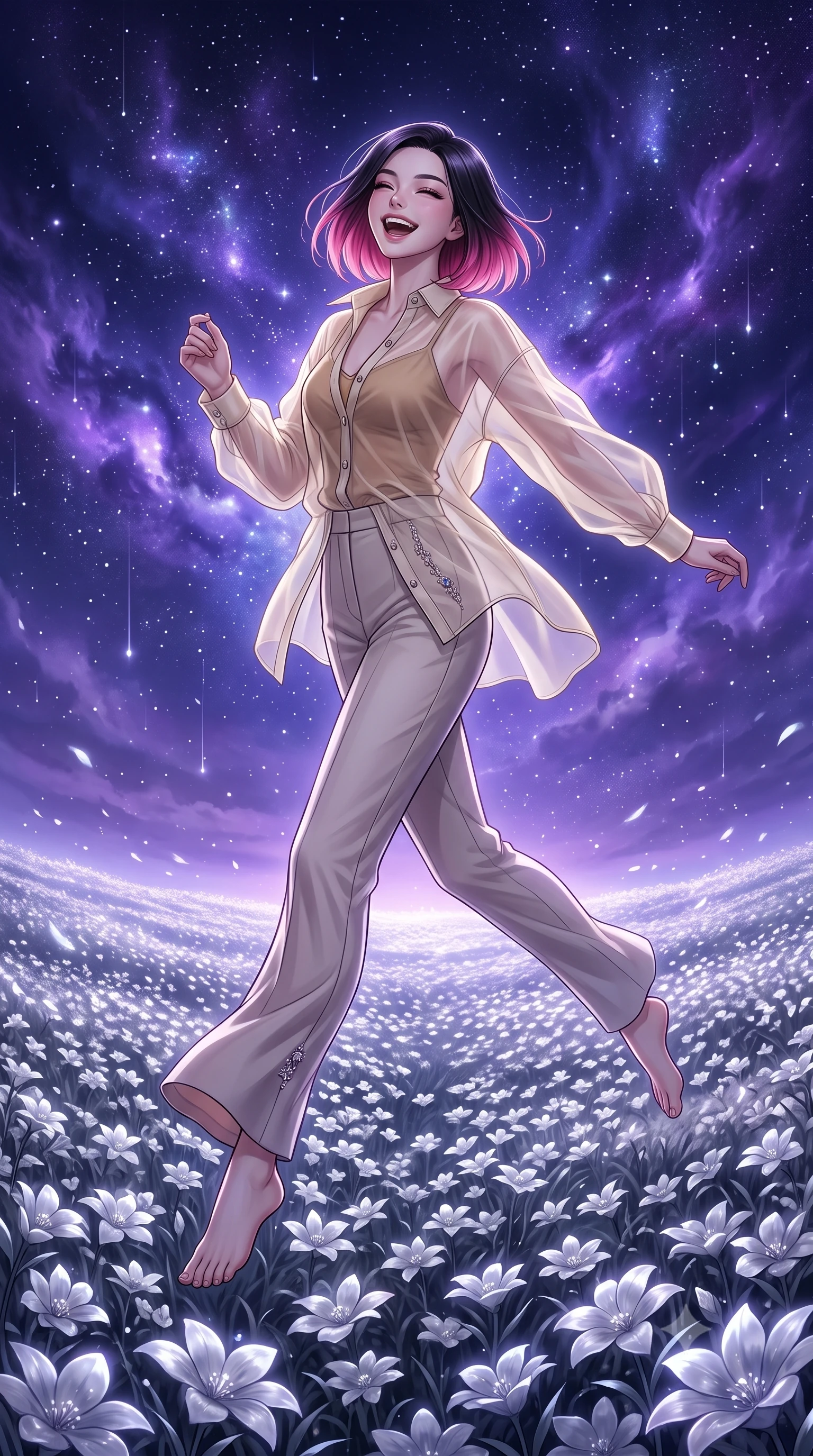 score_9, masterpiece, best quality, ultra-detailed, high-budget anime keyframe, editorial fashion photography, tasteful artistic composition, Korean woman. low angle full-body shot from head to toe showing her feet, filling the entire 9:16 vertical frame with her statuesque presence, stretching her vertical silhouette. leaping gracefully with a bright, joyful laugh through in an endless field of silver flowers swaying in the night breeze under a sky filled with glowing violet nebulae and falling stardust. She has a statuesque 8.5-heads proportion, an exceptionally tall, slender and willowy model-like build with impossibly long legs and a highly sculpted ultra-slim waist. sharp v-shaped jawline, high-bridge nose, intricate jewel-like eyes with depth, thick eyelashes, glossy lips with a natural sheen. wearing a semi-transparent cream organza oversized shirt layered naturally over a tan-colored camisole top, paired with tailored trousers. cool starlight and deep violet cosmic light wrapping the silver meadow in a soft glowing atmosphere. 2k, ultra detail, master piece, 9:16 ratio