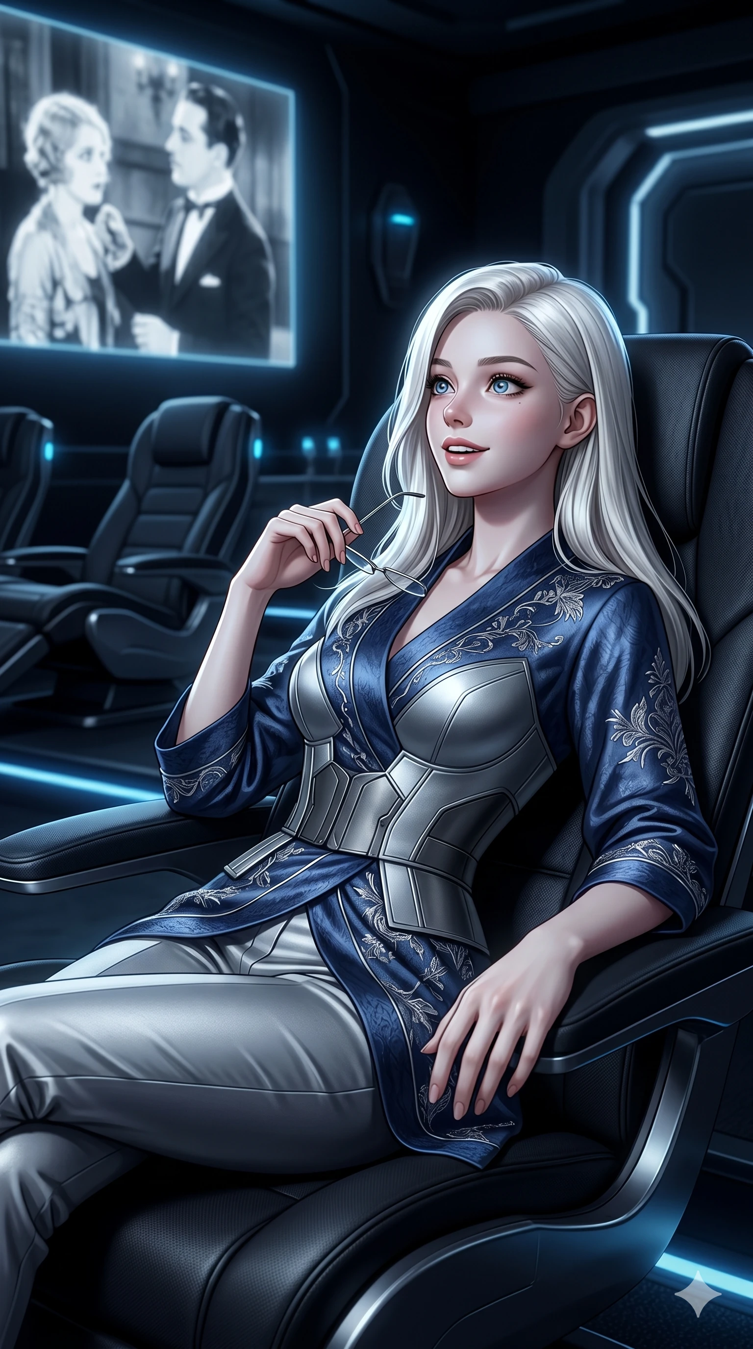 score_9, masterpiece, best quality, ultra-detailed, high-budget anime keyframe, editorial fashion photography, tasteful artistic composition, Caucasian woman, strictly human ears. Upper body close-up from the thighs up, character filling the screen for maximum presence. Inside a virtual reality theater showing a classic movie, leaning back in her seat, watching the screen with a fascinated expression. She is wearing a luxurious silk-like wrap top, structured bodice, and silver trousers. The scene is bathed in the flickering black and white light of the movie screen. 2k, ultra detail, master piece, 9:16 ratio