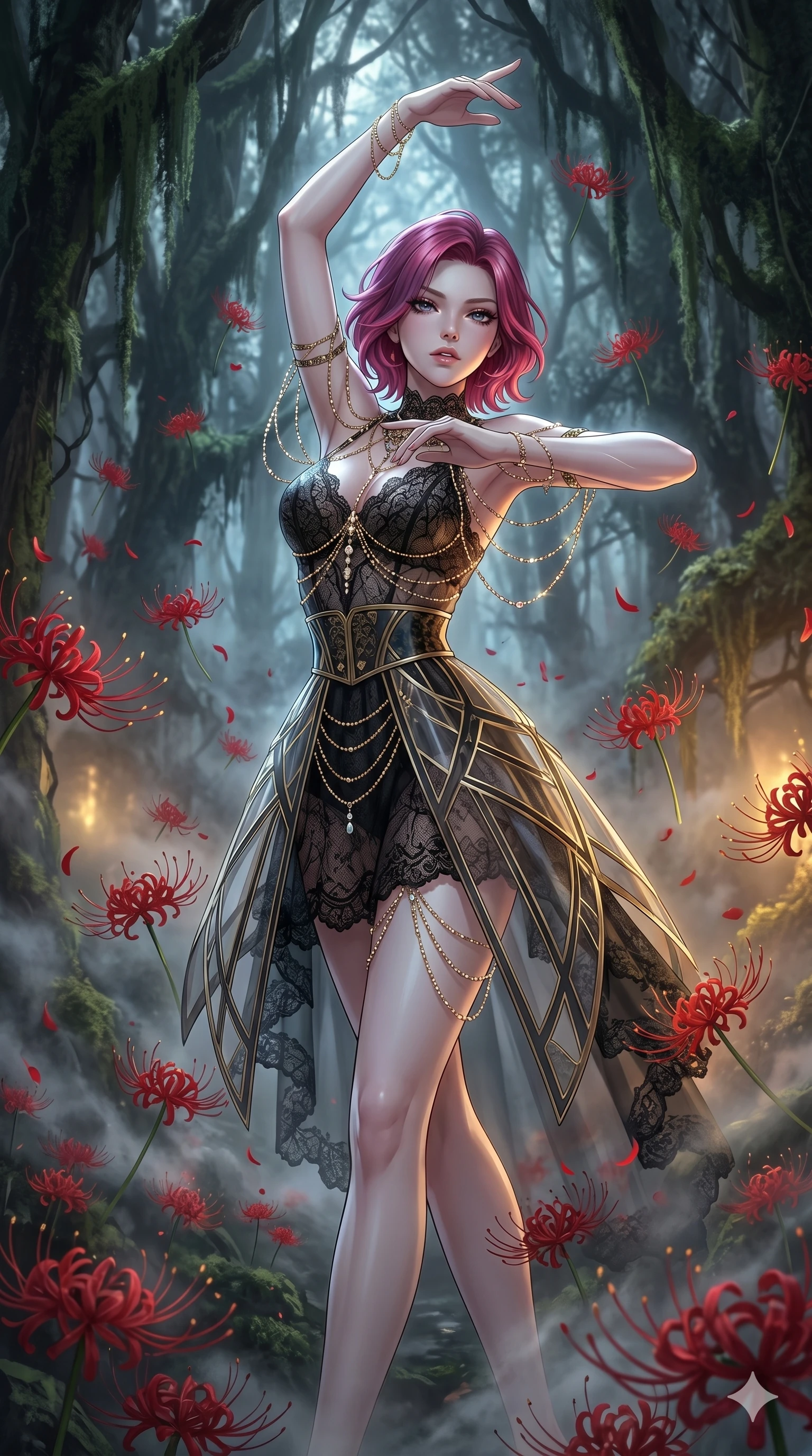 score_9, masterpiece, best quality, ultra-detailed, High-budget Anime Keyframe, East Asian woman. Low angle cowboy shot filling the entire 9:16 frame with her statuesque presence. Scenario 45: Dancing amidst falling red spider lilies in a misty dark forest. Her presence is magnetic and overpowering in this high-budget anime scene. Outfit 45: A delicate lace-layered bodice with a translucent architectural overlays and fine gold chains. The clothing is designed to emphasize her exceptionally tall and slender 8-heads proportion. 8-heads proportion, towering silhouette, ultra-slim waist. sharp v-shaped jawline, intricate jewel-like eyes with depth, thick eyelashes, glossy lips. 2k, ultra detail, master piece, 9:16 ratio