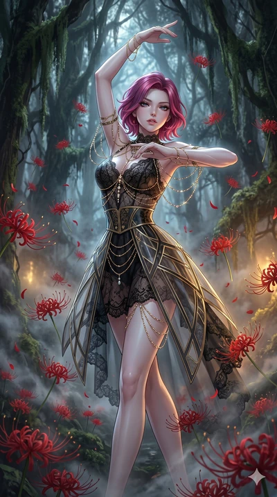 score_9, masterpiece, best quality, ultra-detailed, High-budget Anime Keyframe, East Asian woman. Low angle cowboy shot filling the entire 9:16 frame with her statuesque presence. Scenario 45: Dancing amidst falling red spider lilies in a misty dark 
