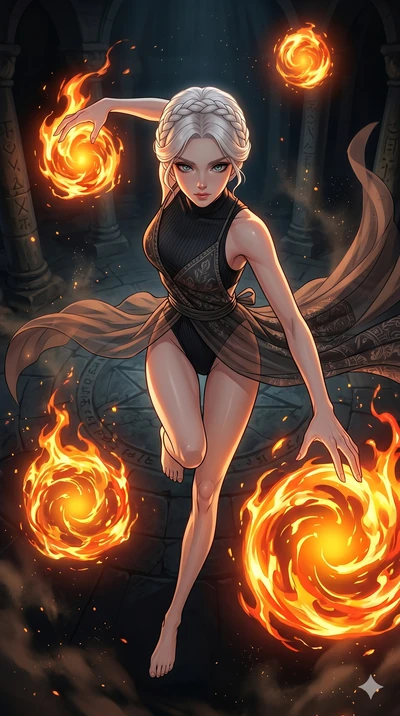 score_9, masterpiece, best quality, ultra-detailed, high-budget anime movie keyframe, cinematic anime lighting, intricate line art, Japanese woman. Extreme high angle shot as she leaps towards the camera, filling the frame. manipulating floating orbs