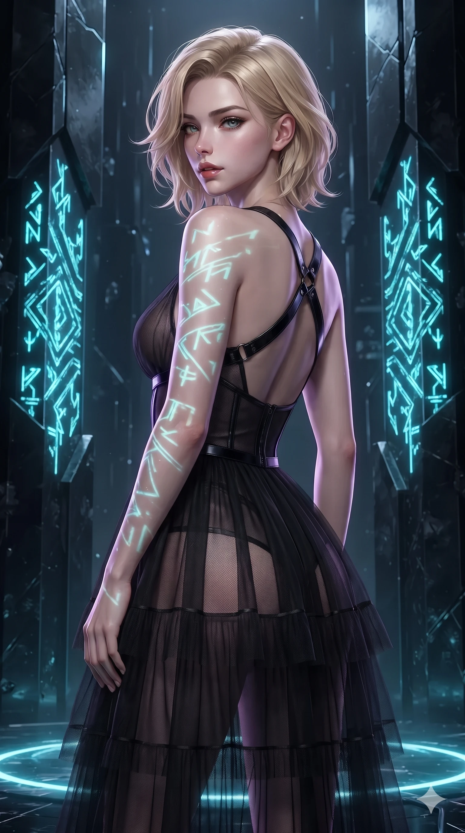 score_9, masterpiece, best quality, ultra-detailed, high-budget anime keyframe, editorial fashion photography, tasteful artistic composition, Caucasian woman. close-up cowboy shot from the waist and thighs up, the character dominates the composition, filling the frame with her large presence. posing in an alluring rear three-quarter angle, turning over a bare shoulder with an intoxicating, smoldering gaze while twisting her slender torso in an alluring S-curve between towering obsidian pillars, glowing cyan runes casting intricate shadow patterns on her skin. The surrounding environment is rendered in vivid detail and crisp panoramic clarity: detailed gothic velvet bodice gown drape, silver zipper teeth, and cybernetic rune details in razor-sharp precision. She has an exceptionally elegant, slender, and willowy female figure with an ultra-slim waist, flat toned midriff, narrow ribcage, and sculpted feminine hips creating an alluring, slim hourglass silhouette without bulk. sharp v-shaped jawline, high-bridge nose, intricate jewel-like dark sparkling eyes with hypnotic seductive depth, thick curled eyelashes, glossy parted lips with a natural wine sheen, alluring bedroom-eyes with an enigmatic smoldering smile, exuding magnetic sovereign charisma and dark avant-garde glamour, flawlessly proportioned anatomical accuracy, strict slender model proportions, natural body alignment, perfectly sculpted long slender limbs, ultra-slim waistline, clean dynamic posture without body distortion. wearing a tiered semi-sheer black tulle and silk slip dress with an ultra-slim corseted waist and bare shoulders in pure obsidian monochrome with subtle metallic sheen, crafted from fine dark contouring mesh with sheer geometric transparency, featuring an open-back criss-cross harness strap in patent black leather, accentuating her gracefully sculpted slender torso and statuesque proportions. illuminated by holographic ground circle upward bounce and sharp electric-violet rim lights sculpting her razor-sharp jawline, narrow waist, and curvy hips. ultra-reflective glossy finish, specular highlights, metallic sheen, high-contrast stereoscopic depth, volumetric dynamic lighting, 2k, ultra detail, master piece, 9:16 ratio
