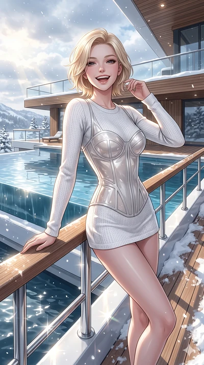 score_9, masterpiece, best quality, ultra-detailed, high-budget anime keyframe, vibrant anime aesthetic, Caucasian woman, strictly human ears. cowboy shot from the thighs up, character and outfit filling the frame for maximum presence. She is leaning