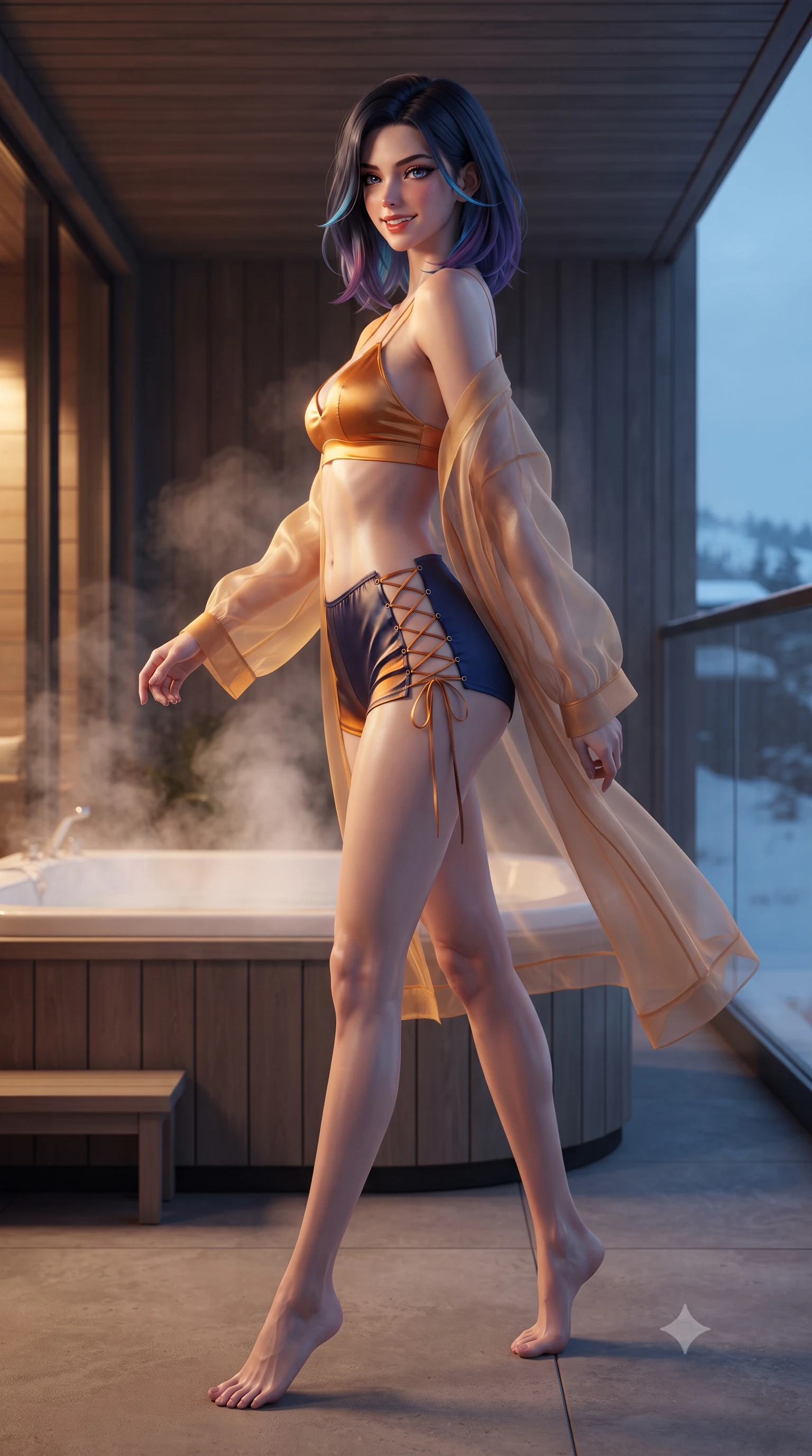 score_9, masterpiece, best quality, ultra-detailed, high-budget anime keyframe, editorial fashion photography, tasteful artistic composition, Caucasian woman. low angle full-body shot from head to toe showing her feet, filling the entire 9:16 vertical frame with her statuesque presence, stretching her vertical silhouette. walking along the terrace with poise, looking back over her bare shoulder with an irresistible smoldering bedroom-gaze while twisting her slender torso in an alluring S-curve beside the heated cedar hot tub, rising pine-scented steam wrapping around her flat midriff and hips. The surrounding environment is rendered in vivid detail and crisp panoramic clarity: detailed garment cut, wet cling or tailored fit, and minimalist Scandinavian craft in high resolution. She has an exceptionally tall and slender model-like 8.5-heads proportion, an ultra-slim waist, a flat toned midriff, narrow delicate ribcage, and beautifully sculpted feminine hips creating a graceful, slim hourglass silhouette without any bulky heaviness, with impossibly long slender legs. sharp v-shaped jawline, high-bridge nose, intricate jewel-like sparkling eyes with depth, thick eyelashes, glossy parted lips with a natural peach sheen, bright cheerful beaming smile with an enchanting and coquettish sensual glint, exuding both youthful cute charm and seductive allure, flawlessly proportioned anatomical accuracy, strict slender model proportions, natural body alignment, perfectly sculpted long slender limbs, ultra-slim waistline, clean dynamic posture without body distortion. wearing a sheer silk organza modern kimono robe worn loose and slipping off bare shoulders over a matching satin bralette and micro-shorts in Seville orange blossom gold and midnight moorish indigo, made of fluid liquid jersey with seamless sculpting hold and smooth contours, featuring fine criss-cross lace-up side ties revealing tantalizing glimpses of her hip curve, the bespoke structured tailoring following the natural line of her 8.5-heads silhouette with refined elegance. bathed in warm 2200K interior sauna amber glows spilling through glass mixed with cool Arctic twilight. ultra-reflective glossy finish, specular highlights, rich textural contrasts, high-contrast stereoscopic depth, volumetric dynamic lighting, 2k, ultra detail, master piece, 9:16 ratio