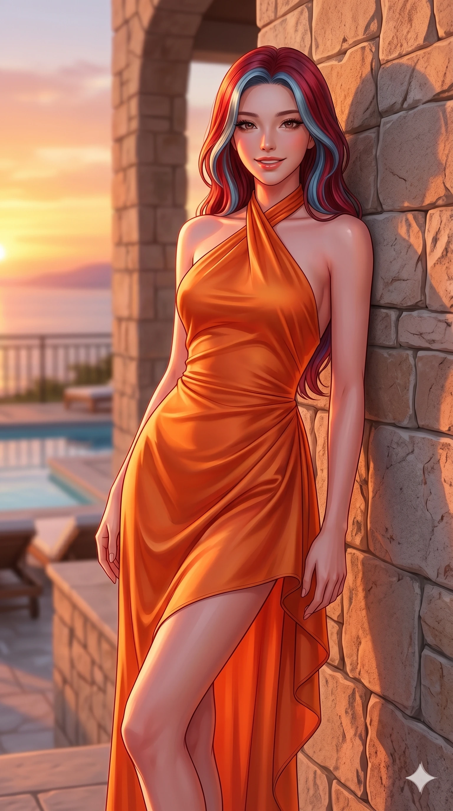 score_9, masterpiece, best quality, ultra-detailed, high-budget anime keyframe, editorial fashion photography, tasteful artistic composition, Caucasian woman, strictly human ears. cowboy shot from the thighs up, character and outfit filling the frame for maximum editorial presence. smiling with quiet magnetic self-assurance, her face lit by the warm sunset leaning against a stone wall of a luxury resort overlook at sunset. She has an absolutely perfect 8-heads proportion, an exceptionally tall and slender female figure with impossibly long slender legs and an ultra-slim waist. V-shaped jawline, high-bridge nose, intricate jewel-like eyes with depth, thick eyelashes, glossy lips with a natural sheen. wearing an asymmetrical orange silk dress with a graceful halter neck and bare shoulders. drenched in spectacular golden sunset light, casting warm orange and pink hues over her. 2k, ultra detail, master piece, 9:16 ratio