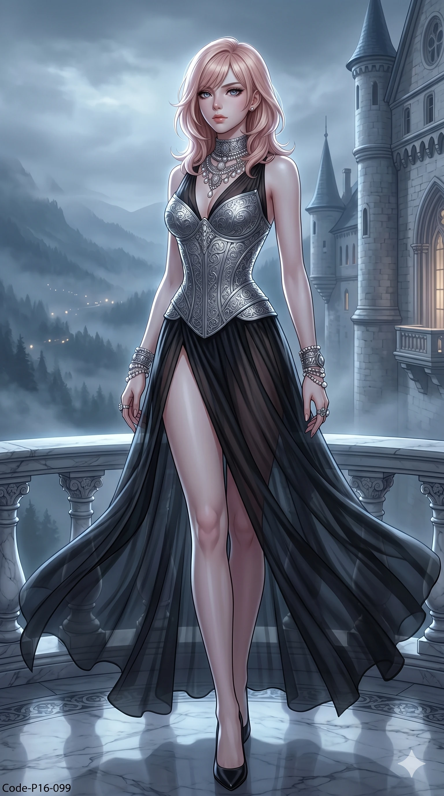 score_9, masterpiece, best quality, ultra-detailed, high-budget anime keyframe, editorial fashion photography, tasteful artistic composition, Japanese woman. cowboy shot from the thighs up, character and outfit filling the frame for maximum editorial presence. holding a powerful pose, looking past the camera with an air of effortless superiority standing on a marble balcony of a castle overlooking a misty valley (Code-P16-099). She has an absolutely perfect 8-heads proportion, an exceptionally tall and slender female figure with impossibly long slender legs and an ultra-slim waist. V-shaped jawline, high-bridge nose, intricate jewel-like eyes with depth, thick eyelashes, glossy lips with a natural sheen. wearing a structured silver armor corset over a flowing black silk gown with a high side slit. cool silver moonlight filtered through the mist, creating a dramatic, ethereal rim light. 2k, ultra detail, master piece, 9:16 ratio