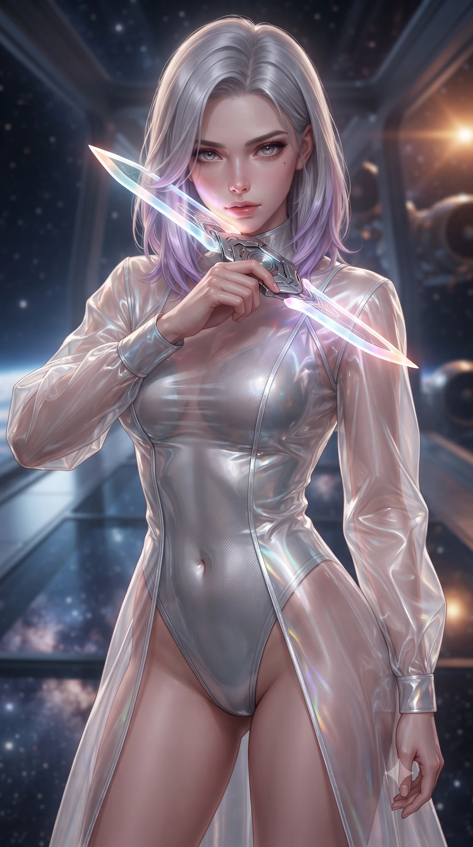 score_9, masterpiece, best quality, ultra-detailed, high-budget anime keyframe, editorial fashion photography, tasteful artistic composition, Caucasian woman. close-up cowboy shot from the waist and thighs up, the character dominates the composition, filling the frame with her large presence, background elements kept in soft focus. pressing the flat side of a glowing vibro-blade against her cheek, locking eyes with the viewer with bedroom-eyes, the background shows a soft-focus a cosmic skybridge with glass floor showing stars and cosmic dust below. She has an exceptionally elegant, slender, and willowy female figure with an ultra-slim waist, a gracefully sculpted slender torso, and a refined silhouette. sharp v-shaped jawline, high-bridge nose, intricate jewel-like eyes with depth, thick eyelashes, glossy lips with a natural sheen. wearing a form-contouring sheer white holographic organza combat gown worn over a high-cut carbon-fiber leotard. soft silver starlight contrasting with the warm amber glow of nearby engines. ultra-reflective glossy finish, specular highlights, metallic sheen, high-contrast stereoscopic depth, volumetric dynamic lighting, 2k, ultra detail, master piece, 9:16 ratio