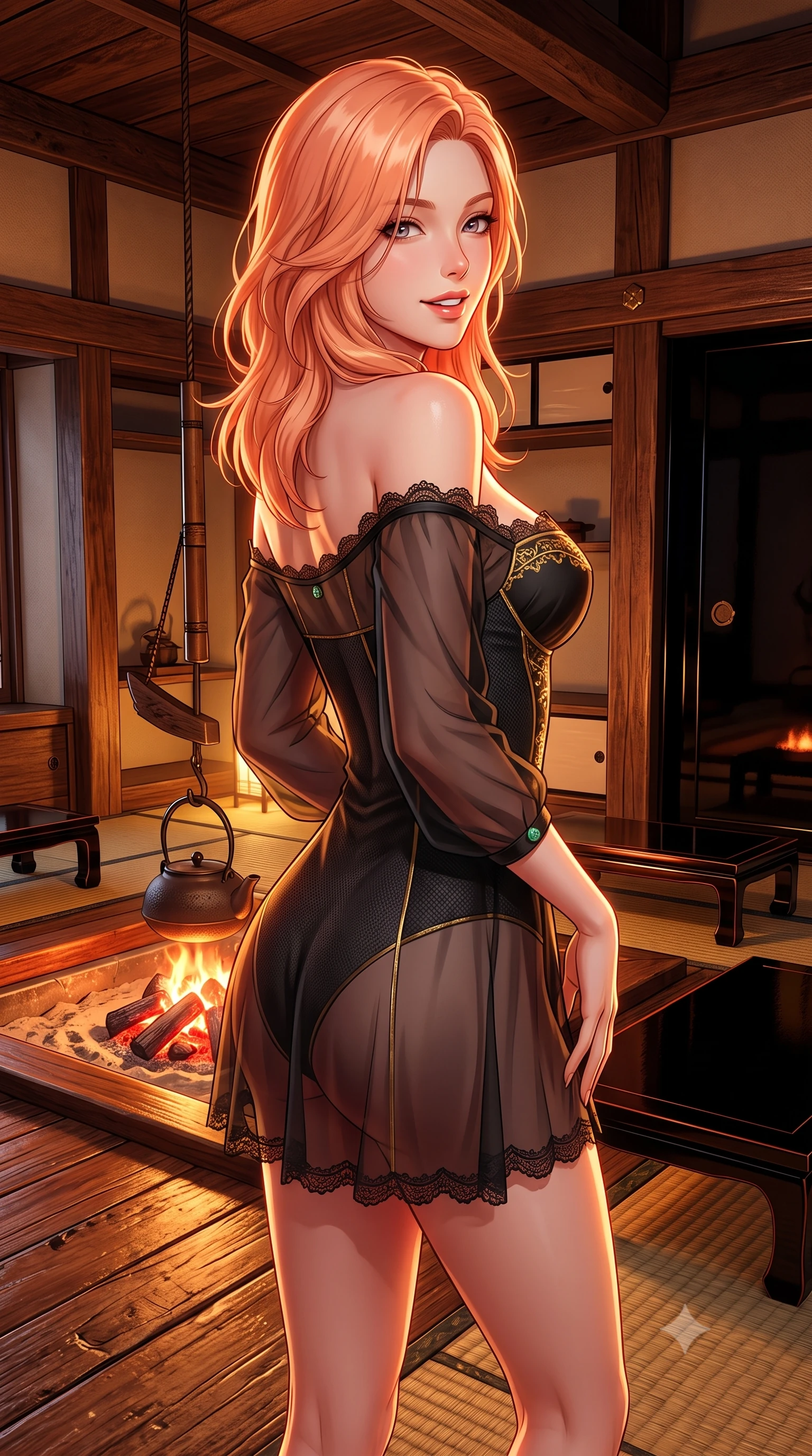 score_9, masterpiece, best quality, ultra-detailed, high-budget anime keyframe, semi-realistic 3D game render, editorial fashion photography, tasteful artistic composition, Japanese woman. close-up cowboy shot from the waist and thighs up, the character dominates the composition, filling the frame with her large presence. posing in an alluring rear three-quarter angle, looking over a bare shoulder with parted glossy lips, her hips cocked back to highlight her slim hourglass curve while standing poised on the ancient chestnut floorboards before the sunken irori hearth, arching her lower back as cedar charcoal embers glow like rubies. The surrounding environment is rendered in vivid detail and crisp panoramic clarity: sharp glossy black urushi lacquer reflections, hand-hewn chestnut beam grain, and woven rush matting in deep focus. She has an exceptionally elegant, slender, and willowy female figure with an ultra-slim waist, flat toned midriff, narrow ribcage, and sculpted feminine hips creating an alluring, slim hourglass silhouette without bulk. sharp v-shaped jawline, high-bridge nose, intricate jewel-like sparkling eyes with depth, thick eyelashes, glossy parted lips with a natural peach sheen, bright cheerful beaming smile with an enchanting and coquettish sensual glint, exuding both youthful cute charm and seductive allure, flawlessly proportioned anatomical accuracy, strict slender model proportions, natural body alignment, perfectly sculpted long slender limbs, ultra-slim waistline, clean dynamic posture without body distortion. wearing an alluring semi-sheer silk chiffon boudoir peignoir slipping off bare shoulders with delicate jade button accents in Shanghai noir black and imperial 24k gold, woven from buttery-soft stretch lambskin leather adhering to her body like a second skin, finished with scalloped eyelash lace trim framing her sweetheart neckline with intimate elegance, the liquid-tight tailored fabric clinging flawlessly to her narrow waist and rounded feminine hips, emphasizing every millimeter of her sculpted slim hourglass curves without any bulky heaviness. illuminated by polished floor bounce and sharp copper-gold rim lights defining her razor-sharp jawline, narrow waist, and curvy hips. highly saturated vibrant anime colors, detailed shading with soft gradients, rich glossy textures, high-contrast stereoscopic depth, volumetric dynamic lighting, master piece, 9:16 ratio