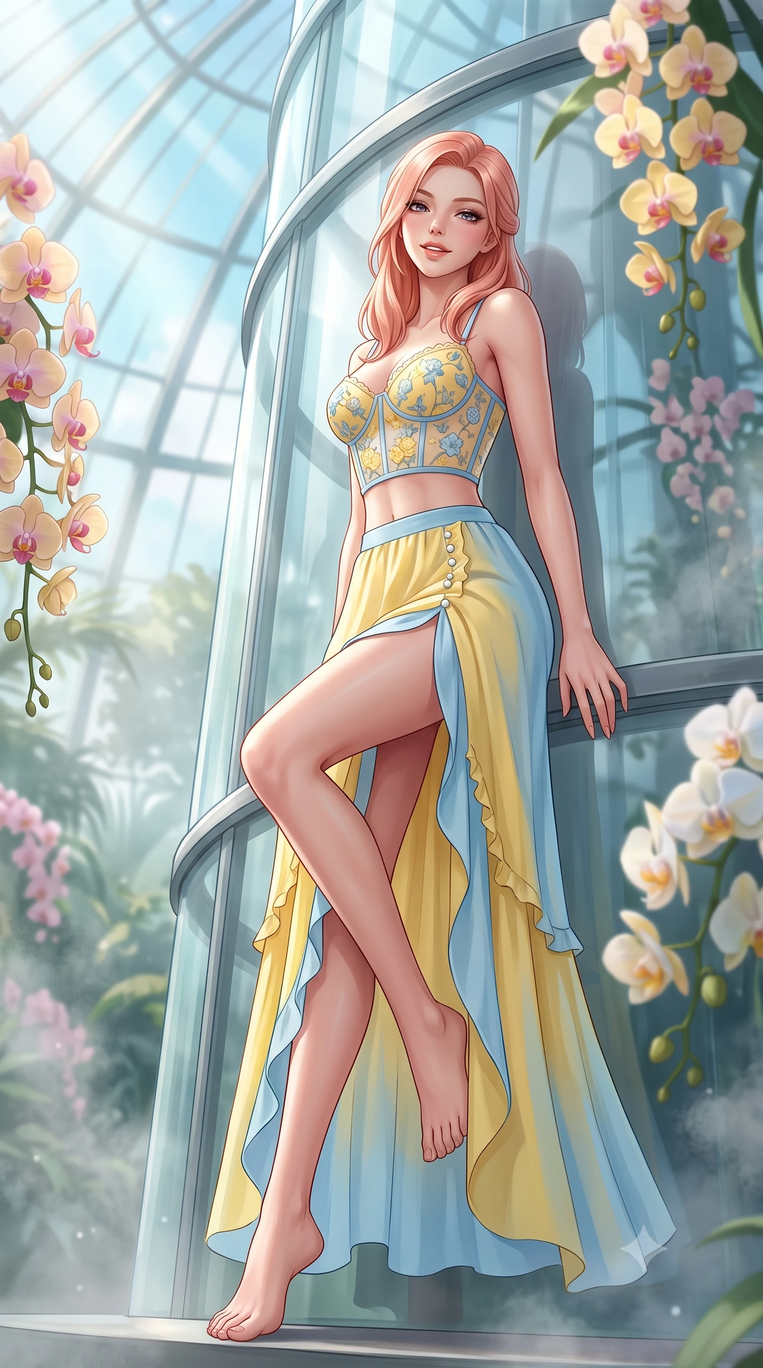 score_9, masterpiece, best quality, ultra-detailed, high-budget anime keyframe, semi-realistic 3D game render, editorial fashion photography, tasteful artistic composition, Japanese woman. low angle full-body shot from head to toe showing her feet, filling the entire 9:16 vertical frame with her statuesque presence, stretching her vertical silhouette. sitting perched on the elevated edge with legs crossed and hips angled toward the camera, displaying her toned midriff and long slender limbs with a joyful, coquettish smile while leaning against a curved structural glasshouse pillar with hips cocked back, casting an enchanting, sultry bedroom-gaze through tropical mist. The composition keeps background elements in soft focus with dreamy creamy bokeh. cascading flowering orchids and misty water vapors softened in romantic botanical shallow focus. She has an exceptionally tall and slender model-like 8.5-heads proportion, an ultra-slim waist, a flat toned midriff, narrow delicate ribcage, and beautifully sculpted feminine hips creating a graceful, slim hourglass silhouette without any bulky heaviness, with impossibly long slender legs. sharp v-shaped jawline, high-bridge nose, intricate jewel-like sparkling eyes with depth, thick eyelashes, glossy parted lips with a natural peach sheen, bright cheerful beaming smile with an enchanting and coquettish sensual glint, exuding both youthful cute charm and seductive allure, flawlessly proportioned anatomical accuracy, strict slender model proportions, natural body alignment, perfectly sculpted long slender limbs, ultra-slim waistline, clean dynamic posture without body distortion. wearing a delicate floral embroidery bustier top paired with a flowy high-slit chiffon maxi skirt with a side hip opening in sunny daffodil yellow and clear sky blue, tailored from crisp cotton poplin with clean structural lines, finished with subtle ruffle trims and delicate pearl buttons, the glove-like silhouette tightly following the natural contour of her hips and long slender legs with youthful 8.5-heads elegance. bathed in fresh botanical sunbeams filtering through the soaring glass dome. highly saturated vibrant anime colors, detailed shading with soft gradients, rich glossy textures, high-contrast stereoscopic depth, volumetric dynamic lighting, master piece, 9:16 ratio