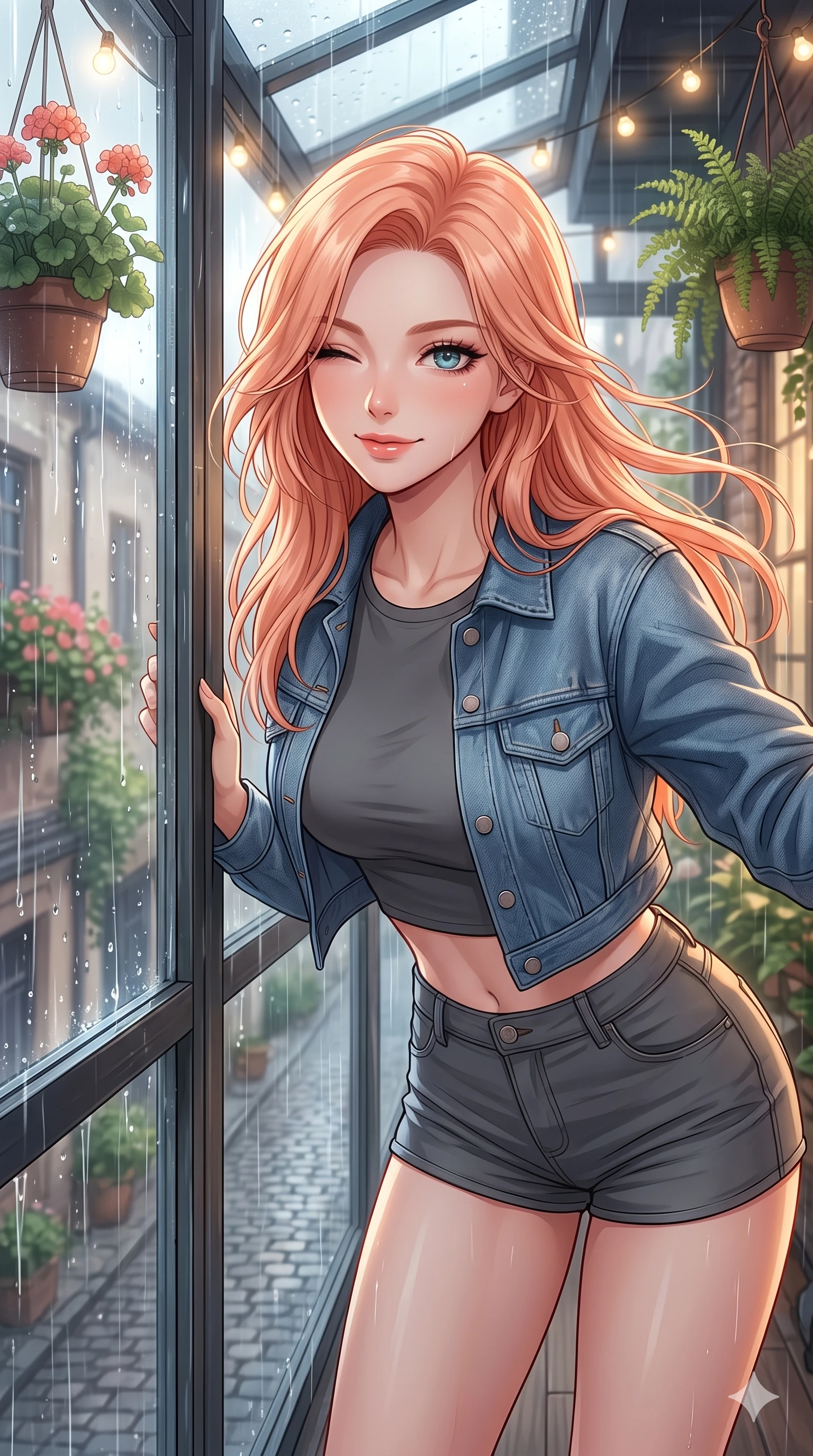 score_9, masterpiece, best quality, ultra-detailed, high-budget anime keyframe, vibrant anime aesthetic, Japanese woman. close-up cowboy shot from the waist and thighs up, the character dominates the composition, filling the frame with her large presence, background elements kept in soft focus. She is peering through a rain-streaked window, winking with a playful grin, gazing softly at the camera lens with a soft breath of wind in her hair. on a glass-roofed balcony decorated with hanging flower pots and warm fairy lights, under a steady rainfall (Code-P22-068). She has an absolutely perfect proportion, an exceptionally elegant and slender female figure with an ultra-slim waist. V-shaped jawline, high-bridge nose, intricate jewel-like eyes with depth, thick eyelashes, glossy lips with a natural sheen. wearing a cropped denim jacket over a fitted crop top and short-shorts in classic charcoal. She is drenched in soft daylight filtering through rain-streaked glass panels, highlighting her V-shaped jawline along the cobblestone alley. 2k, ultra detail, master piece, 9:16 ratio