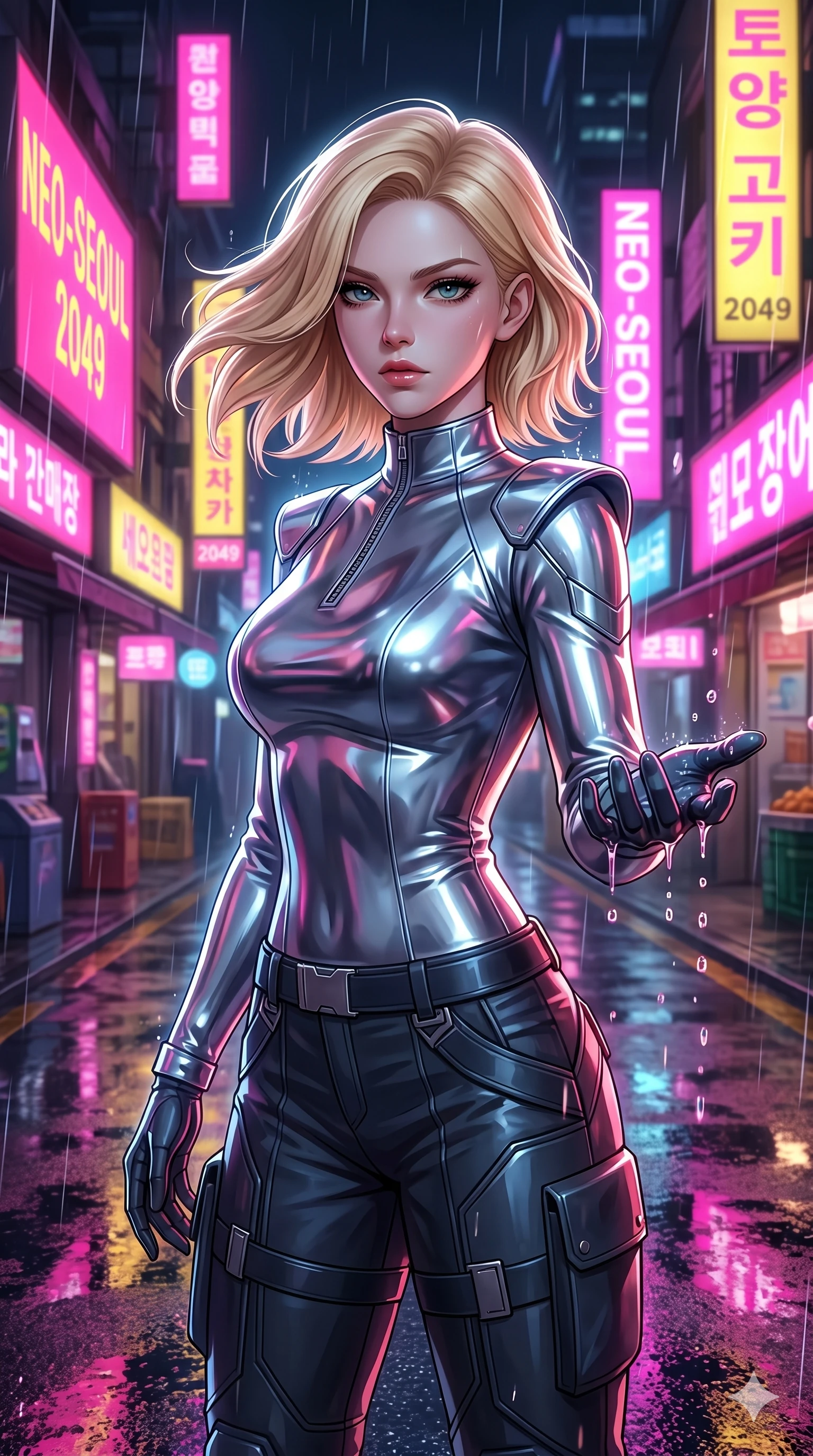 score_9, masterpiece, best quality, ultra-detailed, high-budget anime keyframe, semi-realistic 3D game render, Caucasian woman, strictly human ears. Upper body close-up from the thighs up, character filling the screen for maximum presence. She is turning around sharply in a futuristic night market, with rain reflections on wet asphalt. She reaches out a hand to catch neon-lit rain droplets with an intense, magnetic gaze. She has an absolutely perfect 8-heads proportion, a tall and elegant figure with a refined silhouette and a defined waistline. V-shaped jawline, high-bridge nose, intricate jewel-like eyes with depth, thick eyelashes, glossy lips with a natural sheen. She is wearing a sleek tailored top in liquid-chrome finish that complements her silhouette, styled with sophisticated architectural shoulder accents and a modern zip collar. The scene is lit by bright pink and yellow neon billboards and a sharp white key light tracing her silhouette. 2k, ultra detail, master piece, 9:16 ratio
