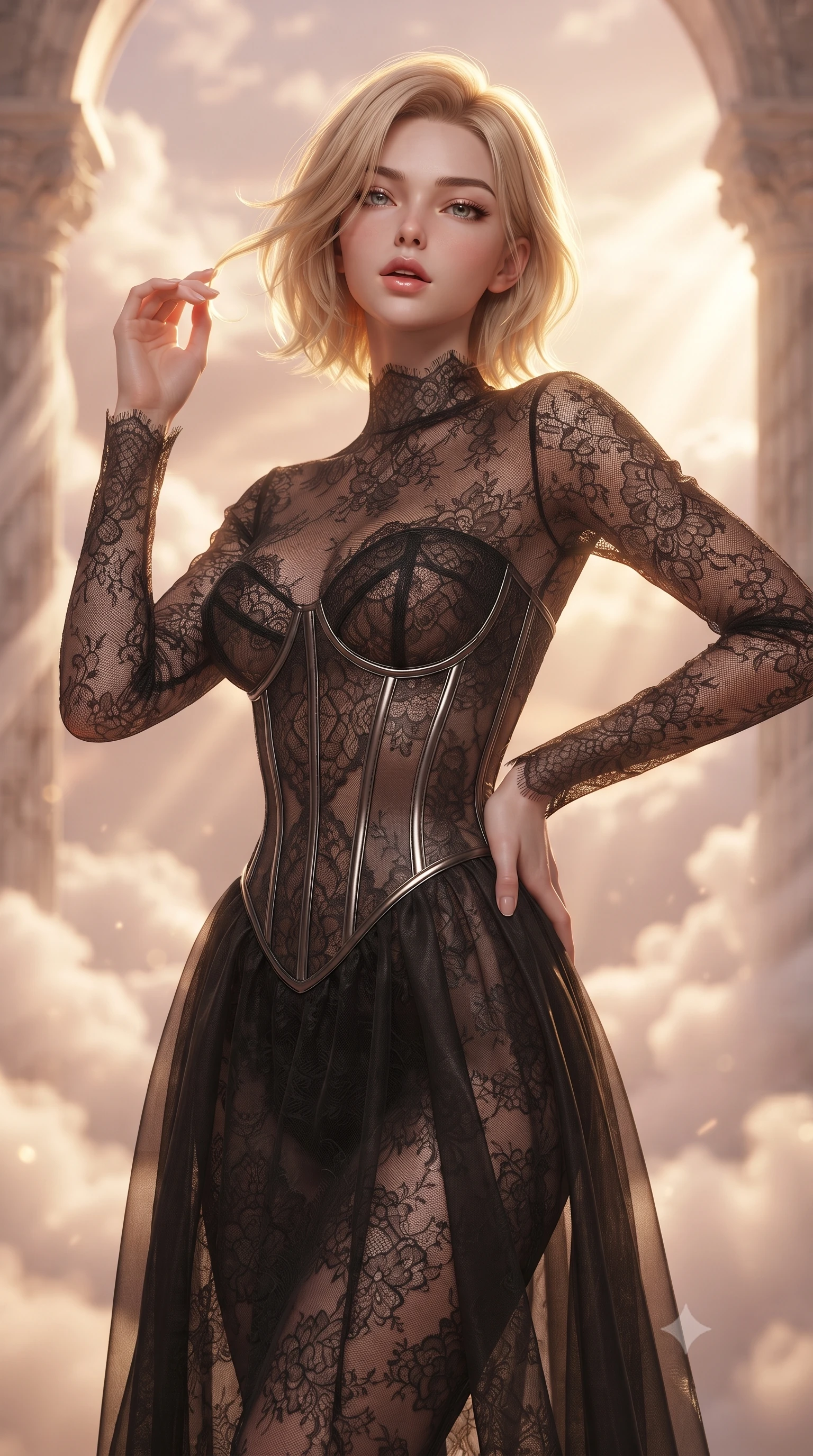 score_9, masterpiece, best quality, ultra-detailed, high-budget anime keyframe, editorial fashion photography, tasteful artistic composition, Caucasian woman woman. close-up cowboy shot from the waist and thighs up, the character dominates the composition, filling the frame with her large presence, background elements kept in soft focus. She has an exceptionally elegant, slender, and willowy female figure with an ultra-slim waist, a gracefully sculpted slender torso, and a refined silhouette. tilting her chin up slightly with lips parted in a composed and alluring expression, flawlessly proportioned anatomical accuracy, natural body alignment, perfectly sculpted elegant limbs, clean dynamic posture without body distortion. set against a soft-focus background of a rose-gold floating cloud sanctuary with marble colonnades. wearing a fine black lace corset dress with sheer organza drapes revealing a sculpted waistline. bathed in warm sunset sunbeams slicing through misty cloud drapes with a golden rim light. ultra-reflective glossy finish, specular highlights, metallic sheen, high-contrast stereoscopic depth, volumetric dynamic lighting, 2k, ultra detail, master piece, 9:16 ratio