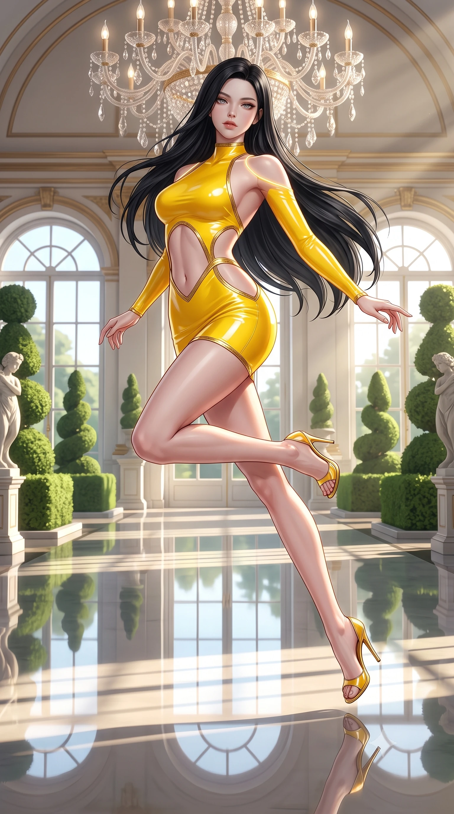 score_9, masterpiece, best quality, ultra-detailed, high-budget anime keyframe, semi-realistic 3D game render, editorial fashion photography, tasteful artistic composition, Korean woman. low angle full-body shot from head to toe showing her feet, filling the entire 9:16 vertical frame with her statuesque presence, stretching her vertical silhouette. leaping through mid-air with an athletic yet alluring arch of her spine, her impossibly long slender legs stretched in flawless poise while pivoting dynamically beneath a soaring crystal chandelier as golden sunlight casts infinite reflections of her statuesque contour. The surrounding environment is rendered in vivid detail and crisp panoramic clarity. sharp mirror reflection edges, distant garden topiary sculptures, and high arched window frames in high resolution. She has an absolutely perfect, statuesque 8.5-heads proportion, an exceptionally tall and slender model-like female figure with impossibly long slender legs, a toned flat midriff, and an ultra-slim waist. sharp v-shaped jawline, high-bridge nose, intricate jewel-like eyes with depth, thick eyelashes, glossy lips with a natural sheen, flawlessly proportioned anatomical accuracy, strict slender model proportions, natural body alignment, perfectly sculpted long slender limbs, ultra-slim waistline, clean dynamic posture without body distortion. wearing a second-skin fashion-latex mini dress with a clean architectural front, featuring an open-back design that wraps around the sides of her waist, showcasing her slender silhouette in vibrant sunburst canary yellow and gold trim, crafted from ultra-reflective second-skin latex with a high-gloss glass-like polish, accented with glowing fiber-optic seams tracing her collarbones and hip curves, the precision-cut daring openings accentuating her delicate midriff, graceful bare collarbones, and ultra-slim feminine waistline. surrounded by a supreme, royal, and intensely seductive imperial queen aura. highly saturated vibrant anime colors, detailed shading with soft gradients, rich glossy textures, high-contrast stereoscopic depth, volumetric dynamic lighting, master piece, 9:16 ratio