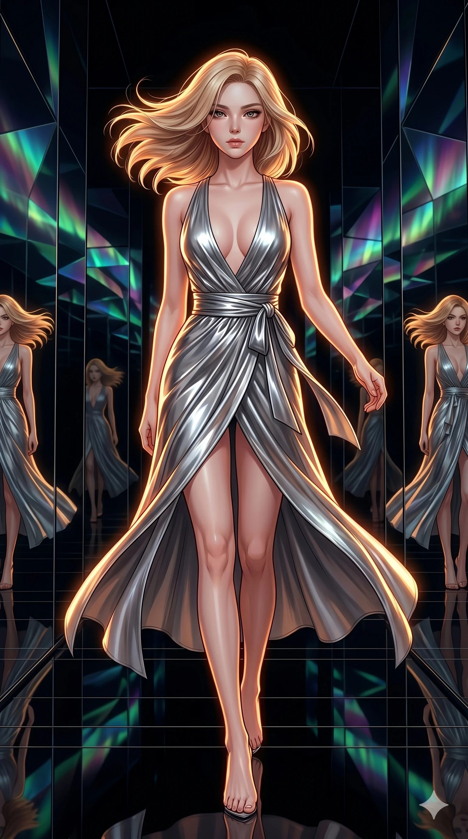 score_9, masterpiece, best quality, ultra-detailed, high-budget anime keyframe, editorial fashion photography, tasteful artistic composition, Korean woman. low angle full-body shot from head to toe showing her feet, filling the entire 9:16 vertical frame with her statuesque presence, stretching her vertical silhouette. Walking in slow-motion with dramatic hair movement behind her inside an infinite obsidian mirror hall reflecting fractured aurora borealis patterns. She has an absolutely perfect 8-heads proportion, an exceptionally tall and slender female figure with impossibly long slender legs and an ultra-slim waist. V-shaped jawline, high-bridge nose, intricate jewel-like eyes with depth, thick eyelashes, glossy lips with a natural sheen. wearing a metallic liquid-silver deep-V wrap dress with a dramatically plunging neckline, a wide cinched-waist tie-belt, and a fluid bias-cut skirt that falls mid-thigh to reveal long elegant legs. drenched in warm amber cinematic rim lighting that traces every contour of her silhouette against a dark background. 2k, ultra detail, master piece, 9:16 ratio