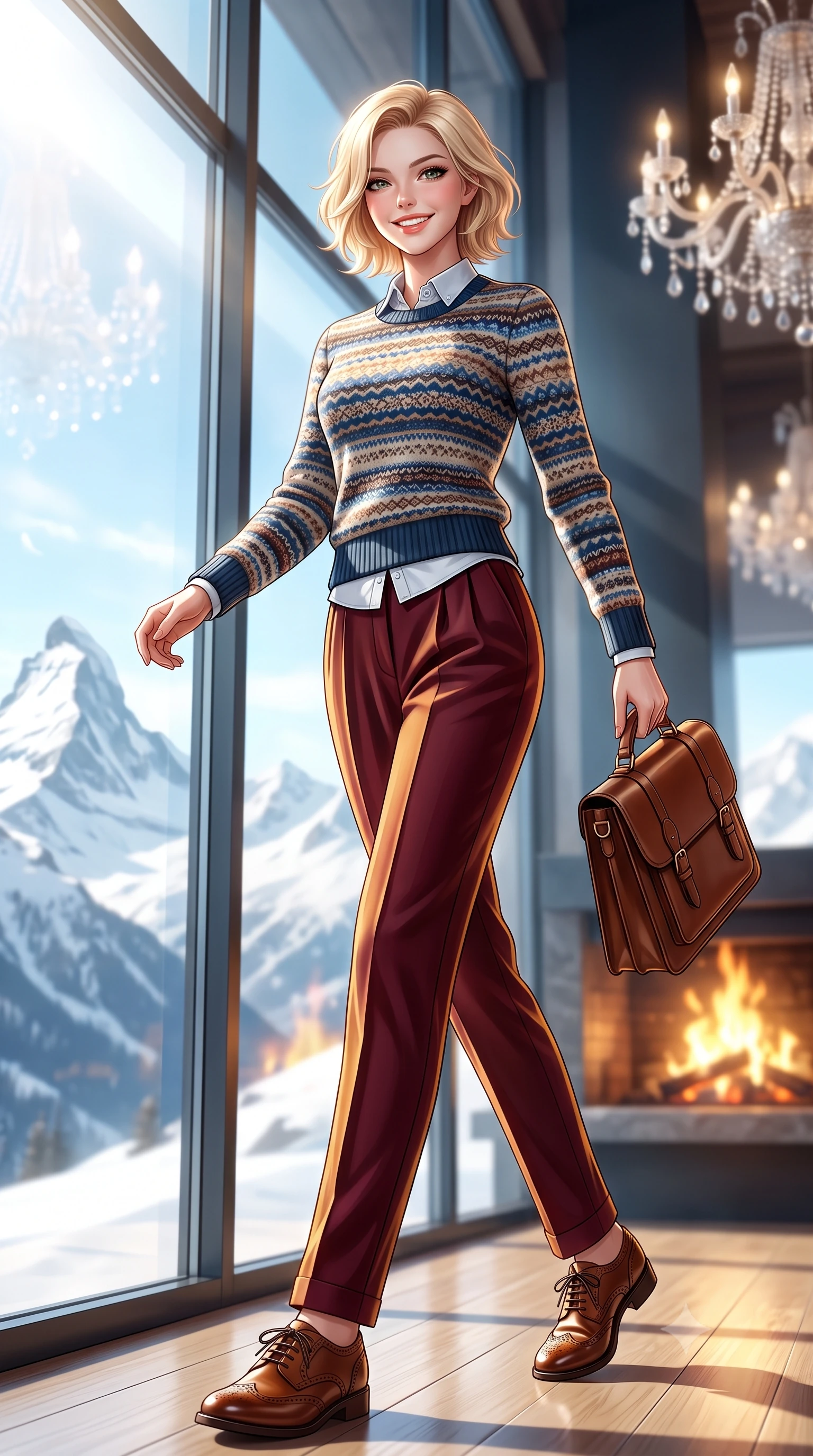 score_9, masterpiece, best quality, ultra-detailed, high-budget anime keyframe, semi-realistic 3D game render, editorial fashion photography, tasteful artistic composition, Caucasian woman. low angle full-body shot from head to toe showing her feet, filling the entire 9:16 vertical frame with her statuesque presence, stretching her vertical silhouette. walking briskly with tall supermodel strides, one hand holding her leather bag and the other swinging with energetic charm while standing poised beside the monumental floor-to-ceiling glass wall framing snow-capped Alpine peaks, smiling radiantly at the viewer. The background shows a soft-focus crackling pinewood fire and crystal chandeliers softened in ultra-luxury Engadin winter sanctuary shallow focus. She has an exceptionally tall and slender model-like 8.5-heads proportion, an ultra-slim waist, a flat toned midriff, narrow delicate ribcage, and beautifully sculpted feminine hips creating a graceful, slim hourglass silhouette without any bulky heaviness, with impossibly long slender legs. sharp v-shaped jawline, high-bridge nose, intricate jewel-like sparkling eyes with depth, thick eyelashes, glossy parted lips with a natural peach sheen, bright cheerful beaming smile with an enchanting and coquettish sensual glint, exuding both youthful cute charm and seductive allure, flawlessly proportioned anatomical accuracy, strict slender model proportions, natural body alignment, perfectly sculpted long slender limbs, ultra-slim waistline, clean dynamic posture without body distortion. wearing a Fair Isle patterned lambswool knit sweater layered over an Oxford button-down shirt with pleated wool trousers in rich Oxford burgundy and golden amber, woven from fine Australian merino wool with a smooth fluid drape and subtle sheen, complemented by classic polished leather oxfords with brogue perforations, the expertly draped wool fabric falling in crisp fluid lines along her tall 8.5-heads silhouette, celebrating her slender frame without excess fabric bulk. bathed in the dramatic high-altitude Swiss mountain sunlight streaming through panoramic windows mixed with golden hearth firelight. highly saturated vibrant anime colors, detailed shading with soft gradients, rich glossy textures, high-contrast stereoscopic depth, volumetric dynamic lighting, master piece, 9:16 ratio