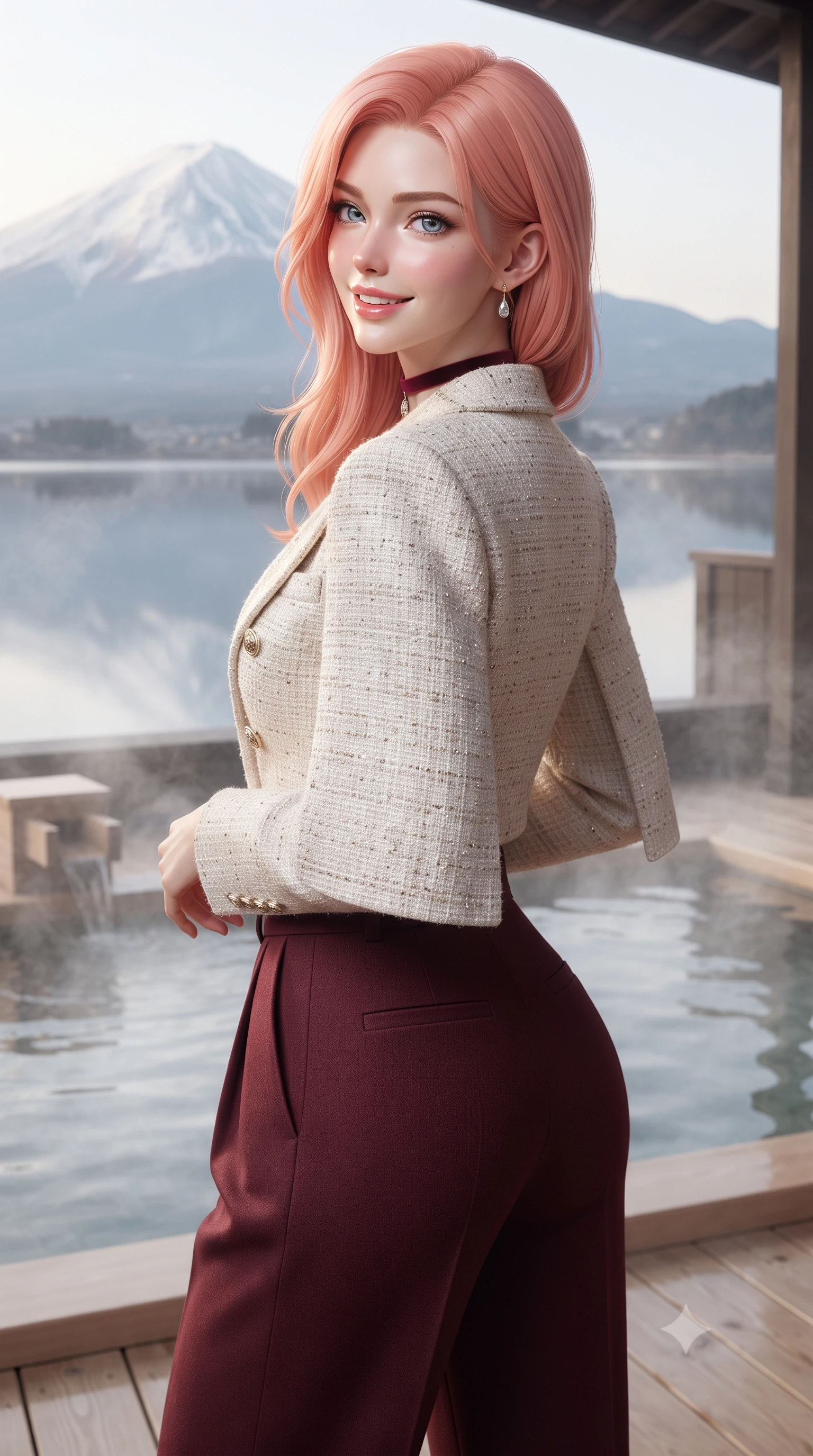 score_9, masterpiece, best quality, ultra-detailed, high-budget anime keyframe, editorial fashion photography, tasteful artistic composition, Japanese woman. close-up cowboy shot from the waist and thighs up, the character dominates the composition, filling the frame with her large presence. posing in an alluring rear three-quarter angle, looking over a bare shoulder with parted glossy lips, her hips cocked back to highlight her slim hourglass curve while standing poised on the natural hinoki cypress deck beside the steaming open-air hot spring bath, arching her spine with wet-look siren grace as snow-capped Mount Fuji mirrors in the calm lake. The background shows a soft-focus wisps of fragrant mineral onsen steam softened in private Japanese ryokan sanctuary shallow focus. She has an exceptionally elegant, slender, and willowy female figure with an ultra-slim waist, flat toned midriff, narrow ribcage, and sculpted feminine hips creating an alluring, slim hourglass silhouette without bulk. sharp v-shaped jawline, high-bridge nose, intricate jewel-like sparkling eyes with depth, thick eyelashes, glossy parted lips with a natural peach sheen, bright cheerful beaming smile with an enchanting and coquettish sensual glint, exuding both youthful cute charm and seductive allure, flawlessly proportioned anatomical accuracy, strict slender model proportions, natural body alignment, perfectly sculpted long slender limbs, ultra-slim waistline, clean dynamic posture without body distortion. wearing a tailored Andalusian equestrian double-breasted tweed cape blazer paired with pleated wool trousers in Belvedere ivory pearl and Habsburg bordeaux wine, woven from structured British tweed with subtle metallic flecks, finished with a thin velvet ribbon choker and a single teardrop diamond pendant, the bespoke structured tailoring following the natural line of her 8.5-heads silhouette with refined elegance. illuminated by onsen water reflection bounce and sharp platinum-gold rim lights sculpting her razor-sharp jawline, narrow waist, and curvy hips. ultra-reflective glossy finish, specular highlights, rich textural contrasts, high-contrast stereoscopic depth, volumetric dynamic lighting, 2k, ultra detail, master piece, 9:16 ratio