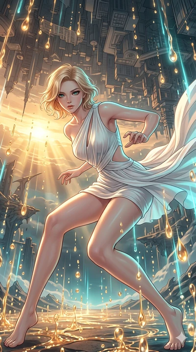 score_9, masterpiece, best quality, ultra-detailed, high-budget anime keyframe, Japanese woman. low angle full-body shot filling the entire 9:16 frame with her statuesque presence, stretching the vertical silhouette. dodging ethereal liquid gold rain