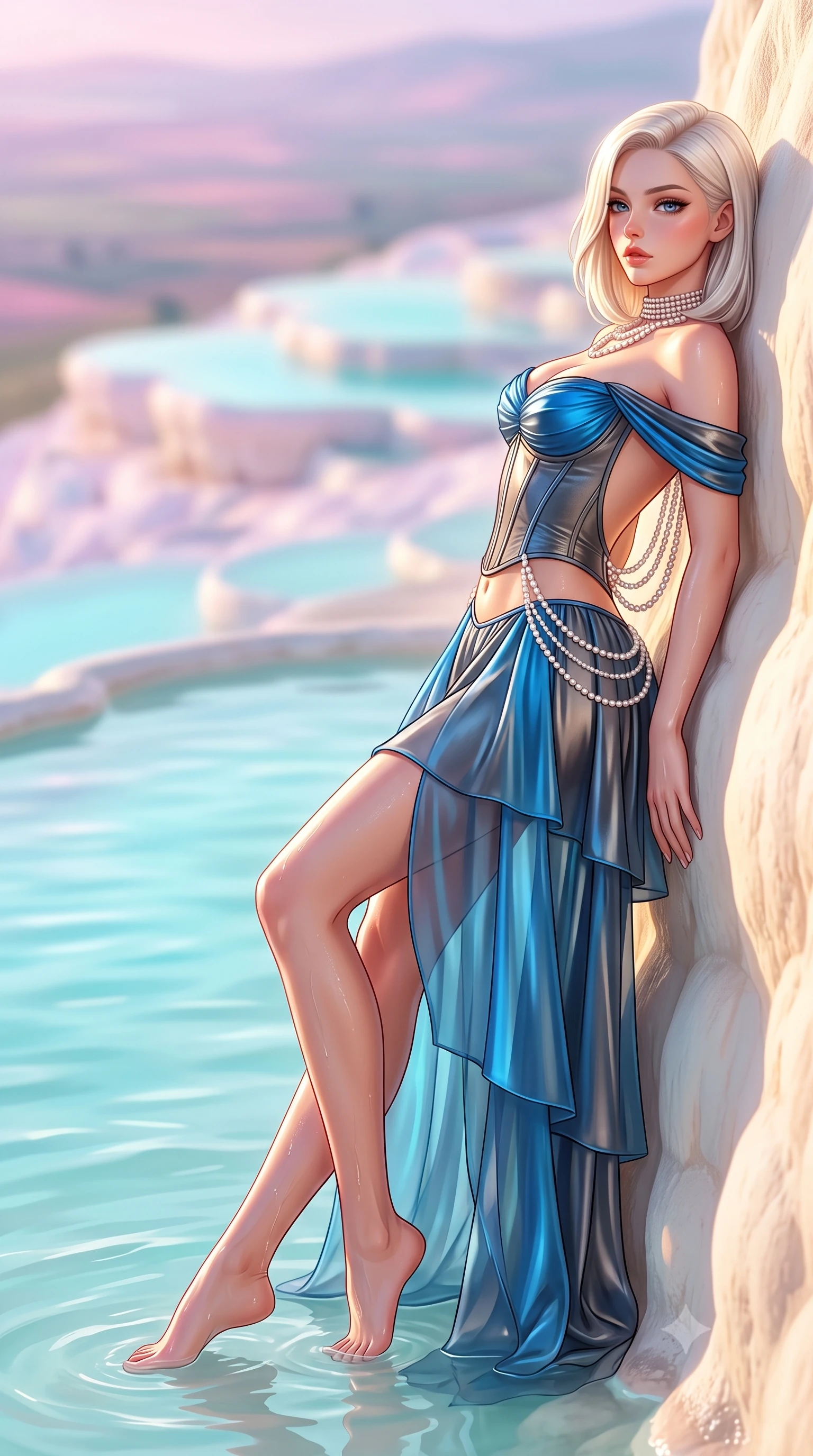 score_9, masterpiece, best quality, ultra-detailed, high-budget anime keyframe, semi-realistic 3D game render, editorial fashion photography, tasteful artistic composition, Caucasian woman. low angle full-body shot from head to toe showing her feet, filling the entire 9:16 vertical frame with her statuesque presence, stretching her vertical silhouette. leaning deep against the structural architecture with hips cocked in an unapologetically bold, seductive high-fashion stance while reclining back against the warm white calcium terrace wall with hips cocked, mineral water lapping gently around her flat midriff and long slender legs. The composition keeps background elements in soft focus with creamy bokeh. cascading tiered milky-cyan mineral pools and vast Anatolian plains blurred into pastel pink, lavender, and opalescent turquoise bokeh. She has an exceptionally tall and slender model-like 8.5-heads proportion, an ultra-slim waist, a flat toned midriff, narrow delicate ribcage, and beautifully sculpted feminine hips creating a graceful, slim hourglass silhouette without any bulky heaviness, with impossibly long slender legs. sharp v-shaped jawline, high-bridge nose, intricate jewel-like eyes with depth, thick eyelashes, glossy parted lips with a natural sheen, intensely captivating and seductive bedroom-eyes expression, flawlessly proportioned anatomical accuracy, strict slender model proportions, natural body alignment, perfectly sculpted long slender limbs, ultra-slim waistline, clean dynamic posture without body distortion. wearing an off-shoulder French court corset bodice dress paired with a tiered translucent chiffon slit skirt in metallic gunmetal and electric azure, made of fluid silk crepe with delicate inner corsetry boning, accented with a multi-strand pearl back necklace cascading down her bare spine to her hips, the dramatically scooped open back descending to the base of her spine, accentuating her razor-sharp statuesque lines and slim hourglass silhouette. bathed in glorious golden hour sunset backlighting and intense white travertine mineral bounce fill. highly saturated vibrant anime colors, detailed shading with soft gradients, rich glossy textures, high-contrast stereoscopic depth, volumetric dynamic lighting, master piece, 9:16 ratio