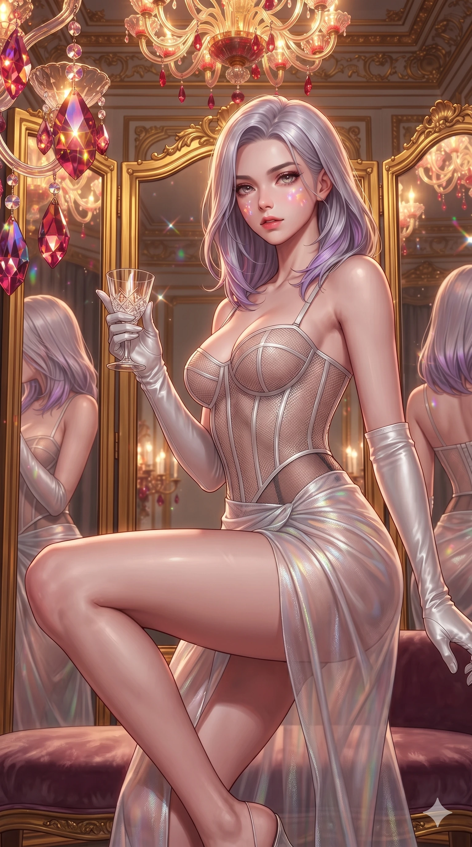 score_9, masterpiece, best quality, ultra-detailed, high-budget anime keyframe, semi-realistic 3D game render, editorial fashion photography, tasteful artistic composition, Caucasian woman. close-up cowboy shot from the waist and thighs up, the character dominates the composition, filling the frame with her large presence. perched sideways on the lounge seat, one knee drawn up to showcase her slender leg line while her arched back accentuates her feminine hip curve while standing poised before towering gold-leaf mirrors, arching her back with high-fashion anime charisma as ruby crystal prisms cast jewel-like reflections. The surrounding environment is rendered in vivid detail and crisp panoramic clarity: detailed anime keyframe lines, specular highlights, and monumental Venetian palazzo heritage in high resolution. She has an exceptionally elegant, slender, and willowy female figure with an ultra-slim waist, flat toned midriff, narrow ribcage, and sculpted feminine hips creating an alluring, slim hourglass silhouette without bulk. sharp v-shaped jawline, high-bridge nose, intricate jewel-like eyes with depth, thick eyelashes, glossy parted lips with a natural sheen, intensely captivating and seductive bedroom-eyes expression, flawlessly proportioned anatomical accuracy, strict slender model proportions, natural body alignment, perfectly sculpted long slender limbs, ultra-slim waistline, clean dynamic posture without body distortion. wearing a provocative translucent mesh corset bodice with boned satin channels paired with a sheer chiffon wrap skirt in iridescent mother-of-pearl and liquid molten silver, accented with semi-sheer mesh inserts accentuating her sculpted flat midriff, accessorized with opera-length satin gloves and a vintage crystal glass, the form-contouring silhouette accentuating her sculpted flat midriff, narrow delicate ribcage, and gracefully curvy hips with intoxicating allure. illuminated by warm 2400K Murano chandelier ruby-amber glow mixed with soft gilded mirror bounce. highly saturated vibrant anime colors, detailed shading with soft gradients, rich glossy textures, high-contrast stereoscopic depth, volumetric dynamic lighting, master piece, 9:16 ratio