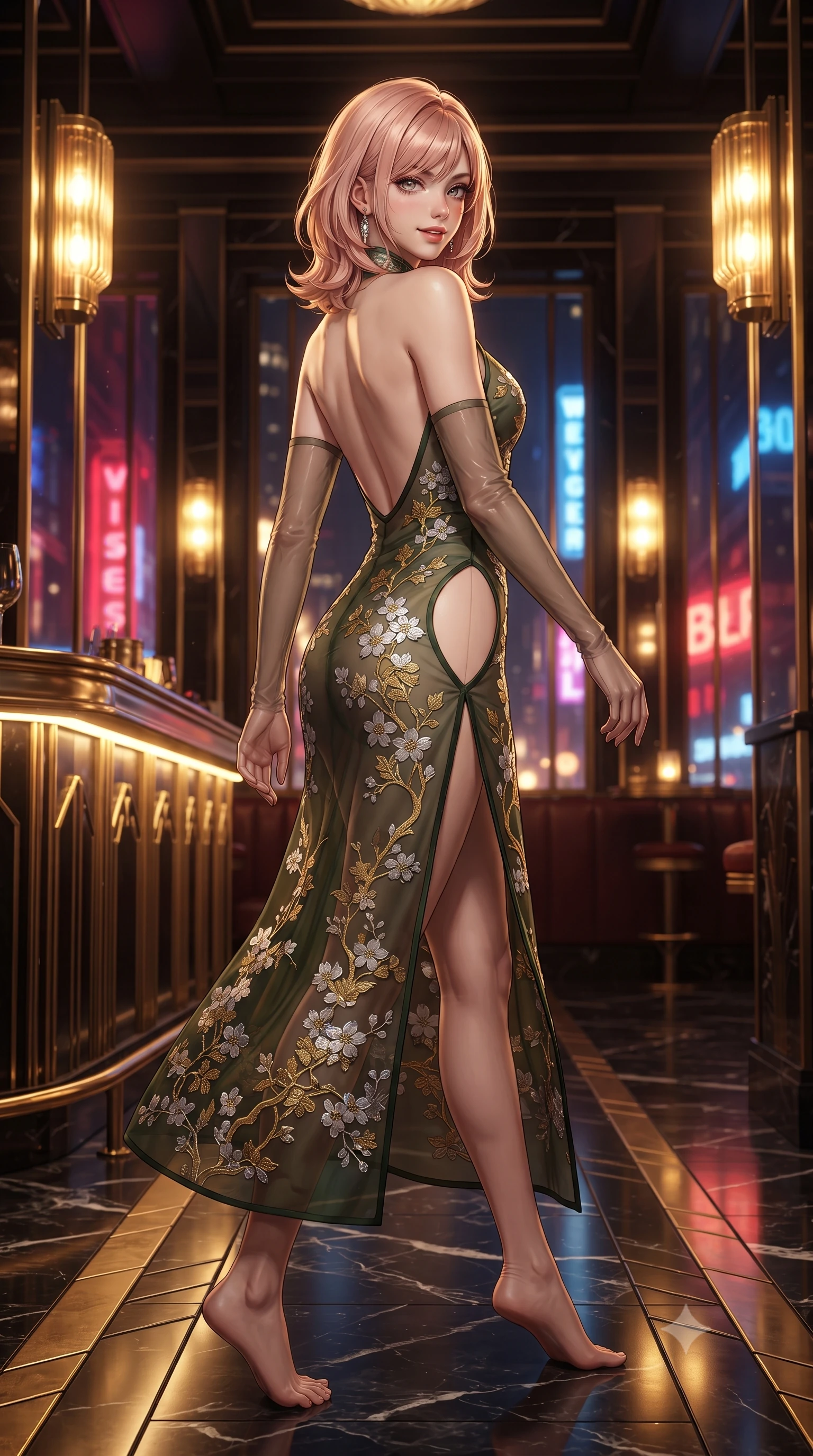 score_9, masterpiece, best quality, ultra-detailed, high-budget anime keyframe, editorial fashion photography, tasteful artistic composition, Japanese woman. low angle full-body shot from head to toe showing her feet, filling the entire 9:16 vertical frame with her statuesque presence, stretching her vertical silhouette. walking along the terrace with poise, looking back over her bare shoulder with an irresistible smoldering bedroom-gaze while leaning against the black lacquered Art Deco bar counter with hips cocked back, looking over a bare shoulder with an intoxicating smoldering bedroom-gaze. The surrounding environment is rendered in vivid detail and crisp panoramic clarity: sharp stepped Art Deco brass moulding reliefs, black Nero Marquina marble floor veining, and bevelled mirror seams in deep focus. She has an exceptionally tall and slender model-like 8.5-heads proportion, an ultra-slim waist, a flat toned midriff, narrow delicate ribcage, and beautifully sculpted feminine hips creating a graceful, slim hourglass silhouette without any bulky heaviness, with impossibly long slender legs. sharp v-shaped jawline, high-bridge nose, intricate jewel-like sparkling eyes with depth, thick eyelashes, glossy parted lips with a natural peach sheen, bright cheerful beaming smile with an enchanting and coquettish sensual glint, exuding both youthful cute charm and seductive allure, flawlessly proportioned anatomical accuracy, strict slender model proportions, natural body alignment, perfectly sculpted long slender limbs, ultra-slim waistline, clean dynamic posture without body distortion. wearing a provocative sheer noir illusion mesh kimono dress with embroidered silver cherry blossom motifs framing her curves in Gion antique matcha green and gilded gold leaf, crafted from fluid liquid silk satin that clings smoothly to her narrow waist and rounded hips with a dewy sheen, complemented by sheer opera-length evening gloves tracing her slender arms, the precision-cut side openings and low-back scoop framing her graceful spine and the sensual sweep of her slim, toned hips. bathed in the warm golden 2500K glow of vintage amber glass sconces mixed with electric crimson and sapphire city lights spilling through glass. ultra-reflective glossy finish, specular highlights, rich textural contrasts, high-contrast stereoscopic depth, volumetric dynamic lighting, 2k, ultra detail, master piece, 9:16 ratio
