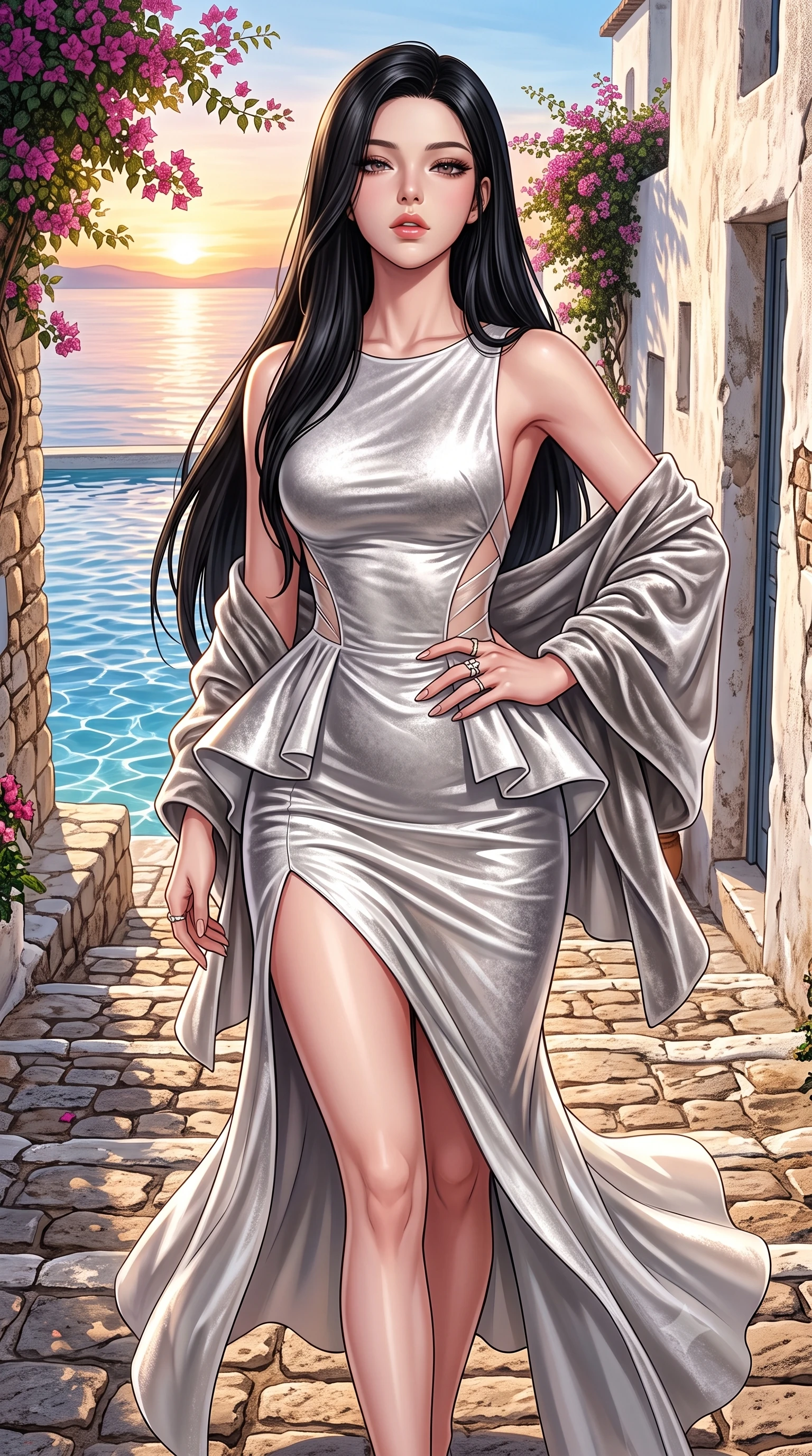 score_9, masterpiece, best quality, ultra-detailed, high-budget anime keyframe, semi-realistic 3D game render, editorial fashion photography, tasteful artistic composition, Korean woman. close-up cowboy shot from the waist and thighs up, the character dominates the composition, filling the frame with her large presence. tilting her chin up with proud, sovereign allure while gazing through thick eyelashes, one hand resting on her waist in pure supermodel charisma while walking down the narrow cobblestone village steps with supermodel poise, her sheer linen dress fluttering to reveal her long slender legs. The surrounding environment is rendered in vivid detail and crisp panoramic clarity. detailed linen dress weave, pool water ripple clarity, and sunset horizon gradients in high resolution. She has an exceptionally elegant, slender, and willowy female figure with an ultra-slim waist, flat toned midriff, narrow ribcage, and sculpted feminine hips creating an alluring, slim hourglass silhouette without bulk. sharp v-shaped jawline, high-bridge nose, intricate jewel-like eyes with depth, thick eyelashes, glossy parted lips with a natural sheen, intensely captivating and seductive bedroom-eyes expression, flawlessly proportioned anatomical accuracy, strict slender model proportions, natural body alignment, perfectly sculpted long slender limbs, ultra-slim waistline, clean dynamic posture without body distortion. wearing a structural geometric peplum gown with sheer side-ribbon cutouts and form-fitting skirt in shimmering silver mercury and pearl white, crafted from heavyweight crushed silk velvet with liquid vintage luster, complemented by a plush velvet shawl draped loosely over her elbows, the dramatically scooped open back descending to the base of her spine, accentuating her razor-sharp statuesque lines and slim hourglass silhouette. surrounded by an idyllic, sun-drenched, and breathlessly romantic Aegean goddess aura. highly saturated vibrant anime colors, detailed shading with soft gradients, rich glossy textures, high-contrast stereoscopic depth, volumetric dynamic lighting, master piece, 9:16 ratio