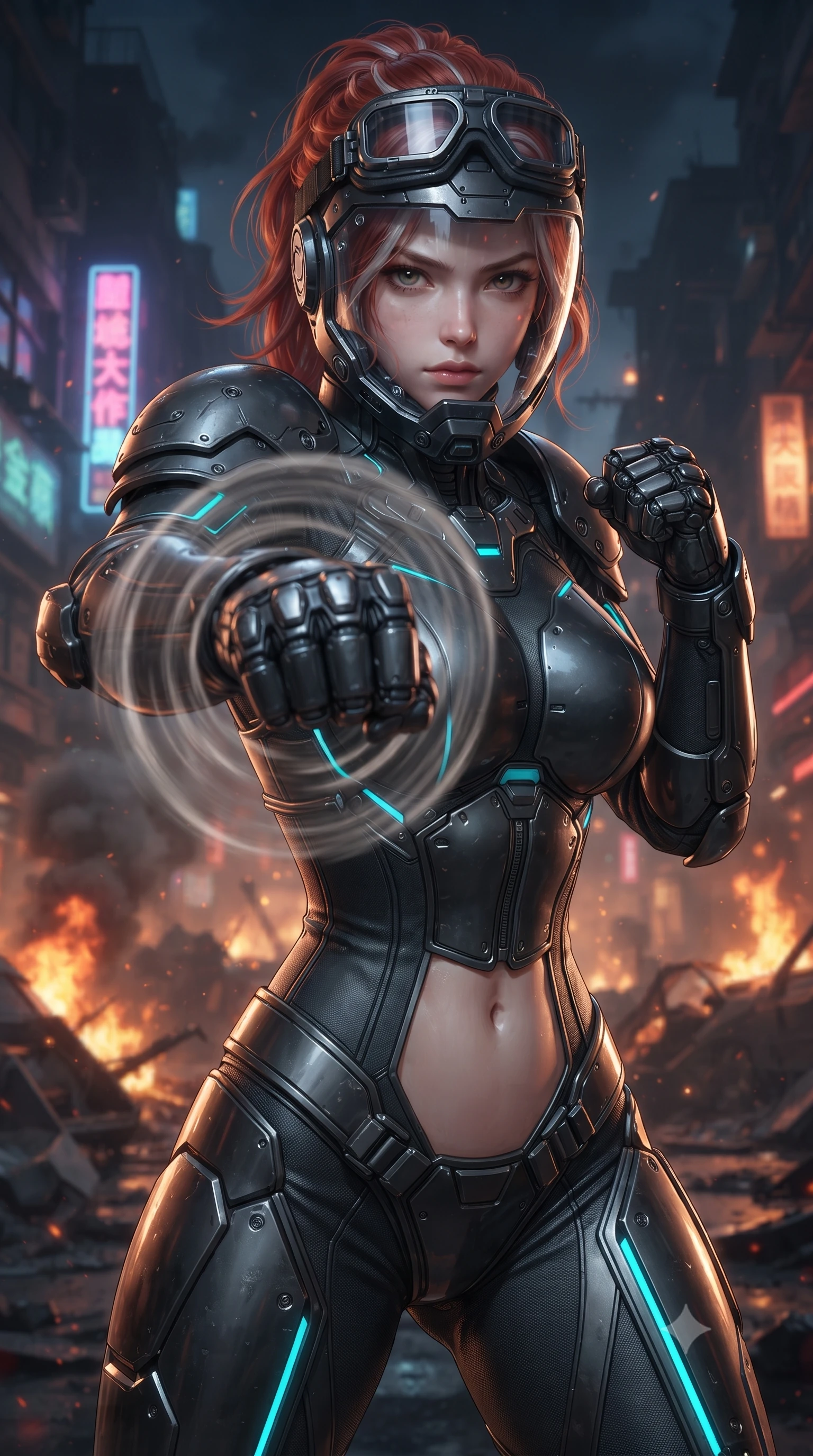 score_9, masterpiece, best quality, ultra-detailed, high-budget anime keyframe, editorial fashion photography, tasteful artistic composition, Caucasian woman. close-up cowboy shot from the waist and thighs up, the character dominates the composition, filling the frame with her large presence. thrusting a high-speed kinetic punch toward the camera, a visible conical shockwave distortion wrapping around her armored forearm while standing resolute amidst blazing wreckage with goggles pushed up into her hair, gazing forward with unyielding defiance. The surrounding environment is rendered in vivid detail and crisp panoramic clarity. vibrant high-contrast neon warzone chiaroscuro and raw urban resistance aesthetics rendered with precision. She has an exceptionally elegant, slender, and willowy female figure with an ultra-slim waist, a gracefully sculpted slender torso, toned flat midriff, and a refined slim silhouette. sharp v-shaped jawline, high-bridge nose, intricate jewel-like eyes with depth, thick eyelashes, glossy lips with a natural sheen, fierce and resolute heroine expression, flawlessly proportioned anatomical accuracy, strict slender model proportions, natural body alignment, perfectly sculpted long slender limbs, ultra-slim waistline, clean dynamic posture without body distortion. wearing a crystal-clear transparent armored riot-visor helmet showing her entire beautiful face and determined expression with pristine clarity, paired with a statuesque high-fashion cyber-warrior armor suit with platinum bevels, heavy articulated shoulder guards, and an ultra-slim waist-cinching corset in matte battle-worn obsidian carbon with electric cyan hazard conduits, crafted from semi-translucent cybernetic carbon-vinyl interwoven with glowing micro-filaments, featuring a sleek aerodynamic collar framed by subtle glowing cybernetic status LEDs, the form-contouring material adhering flawlessly to her sculpted flat midriff and slender torso, emphasizing her long leg lines and perfectly proportioned willowy build. surrounded by a rebellious, passionate, and fiercely alluring dystopian freedom-fighter aura. ultra-reflective glossy finish, specular highlights, dark metallic sheen, high-contrast stereoscopic depth, volumetric dynamic lighting, 2k, ultra detail, master piece, 9:16 ratio